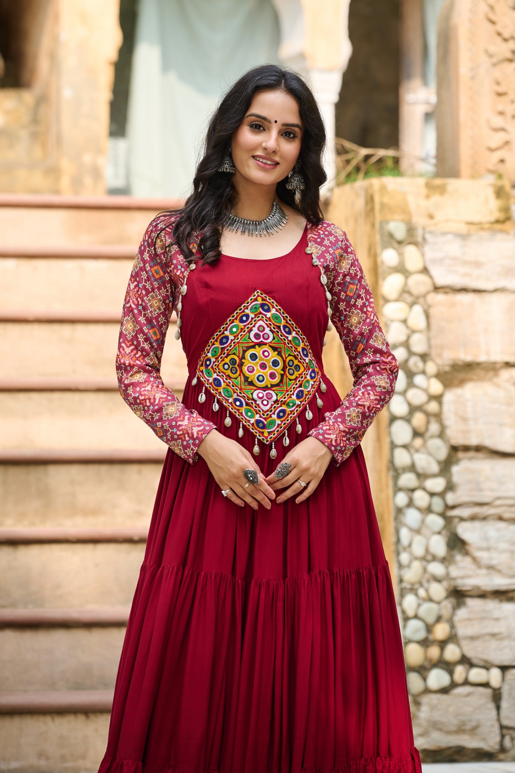 Womenline Maroon Color Reyon Navratri Gown