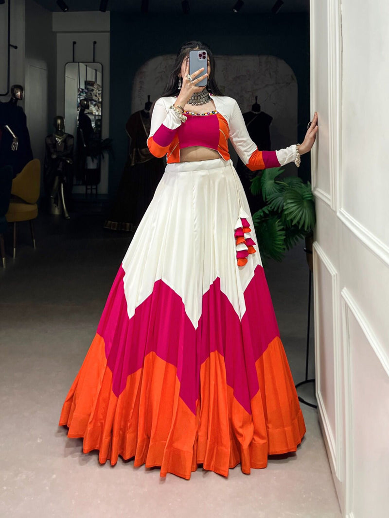 Womenline Vibrant Orange, Pink & White Navratri Lehenga Choli