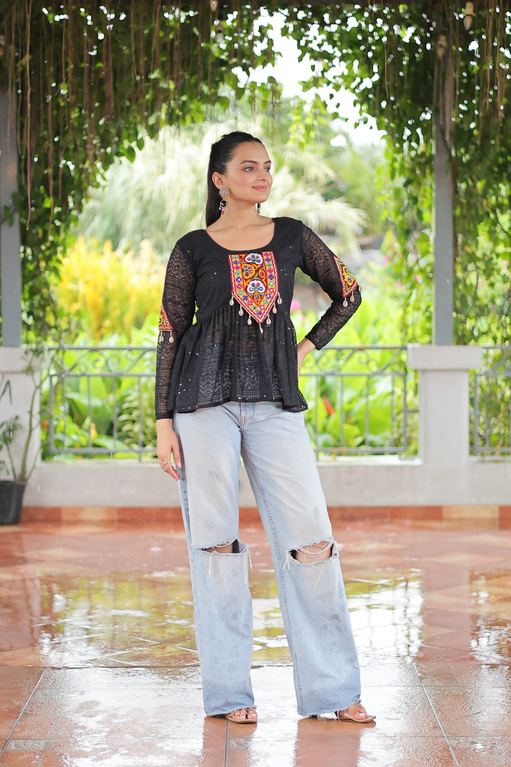 Womenline Black Color Georgette Navratri Tunic