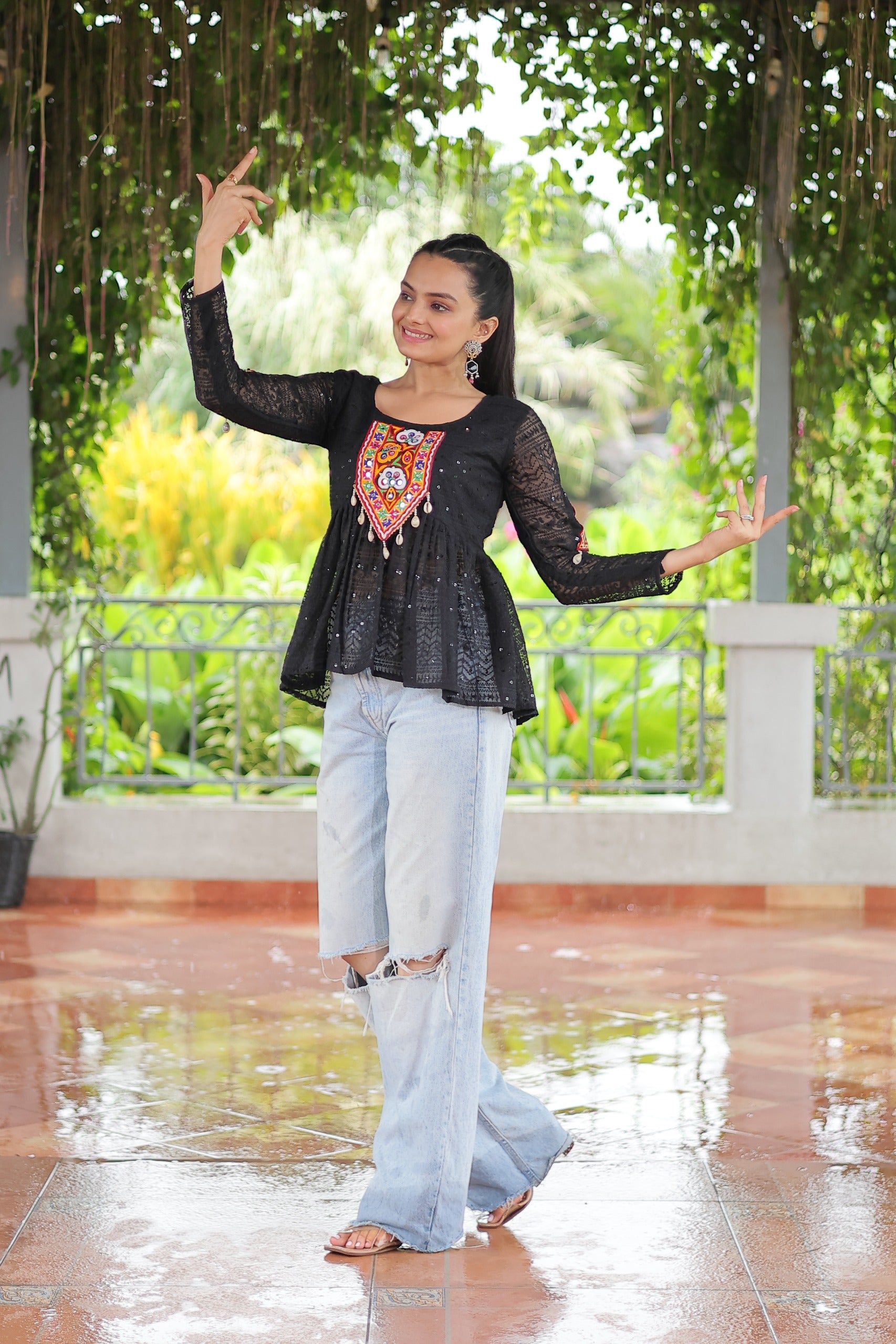 Womenline Black Color Georgette Navratri Tunic