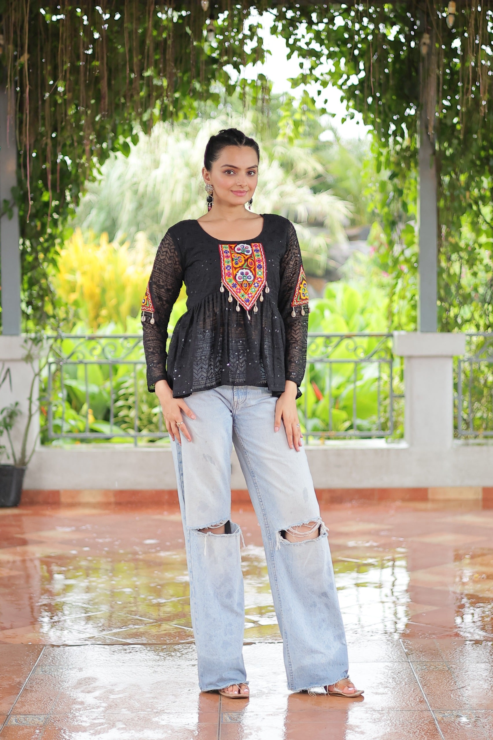 Womenline Black Color Georgette Navratri Tunic