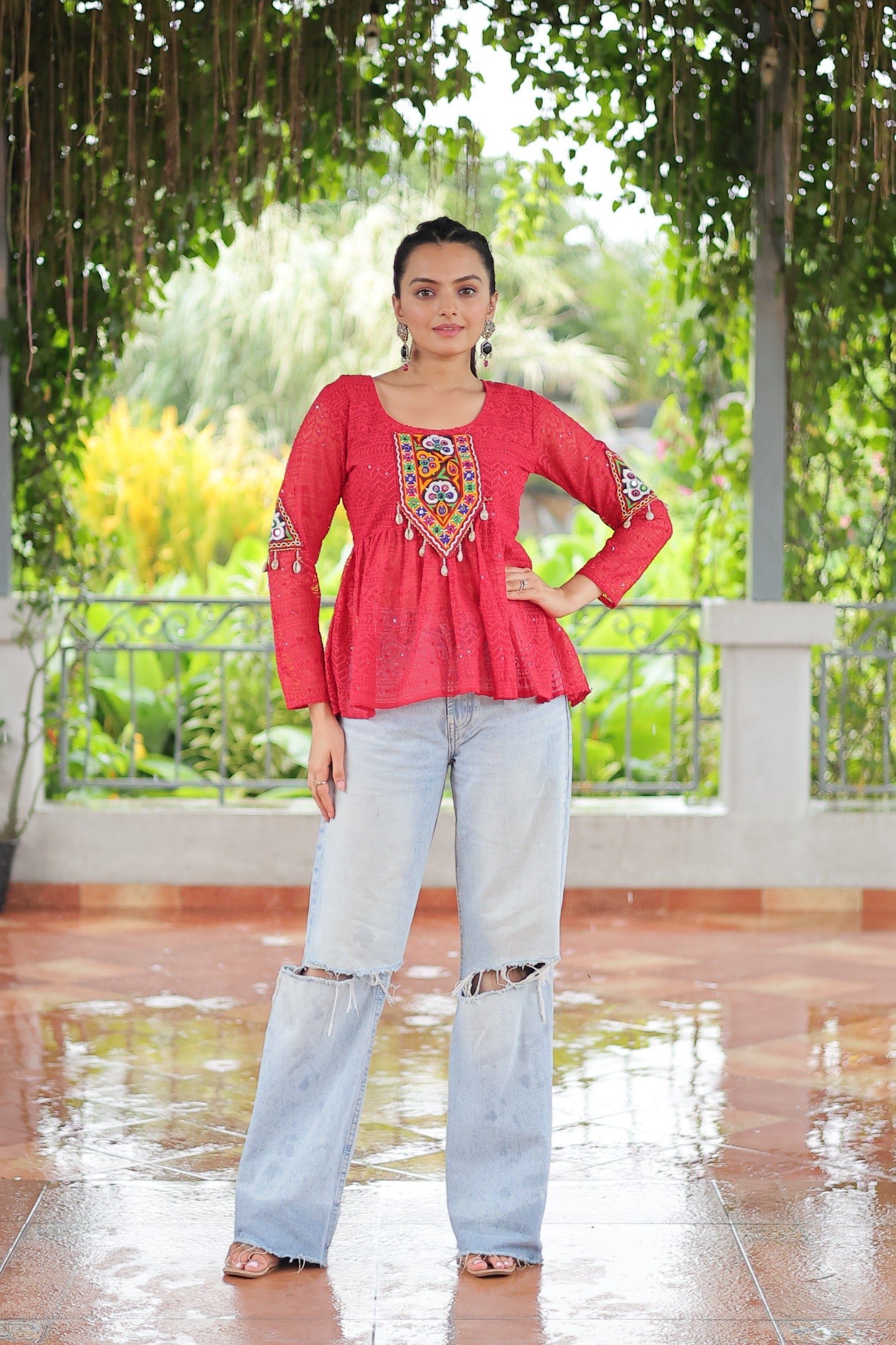 Womenline Red Color Georgette Navratri tunic