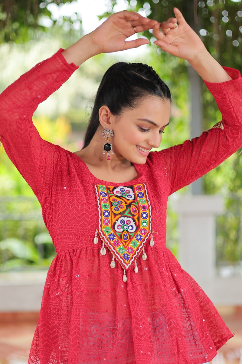 Womenline Red Color Georgette Navratri tunic