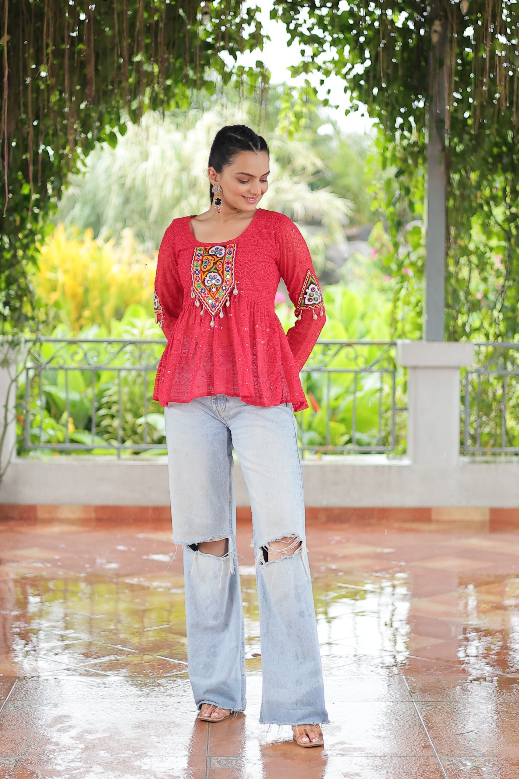 Womenline Red Color Georgette Navratri tunic