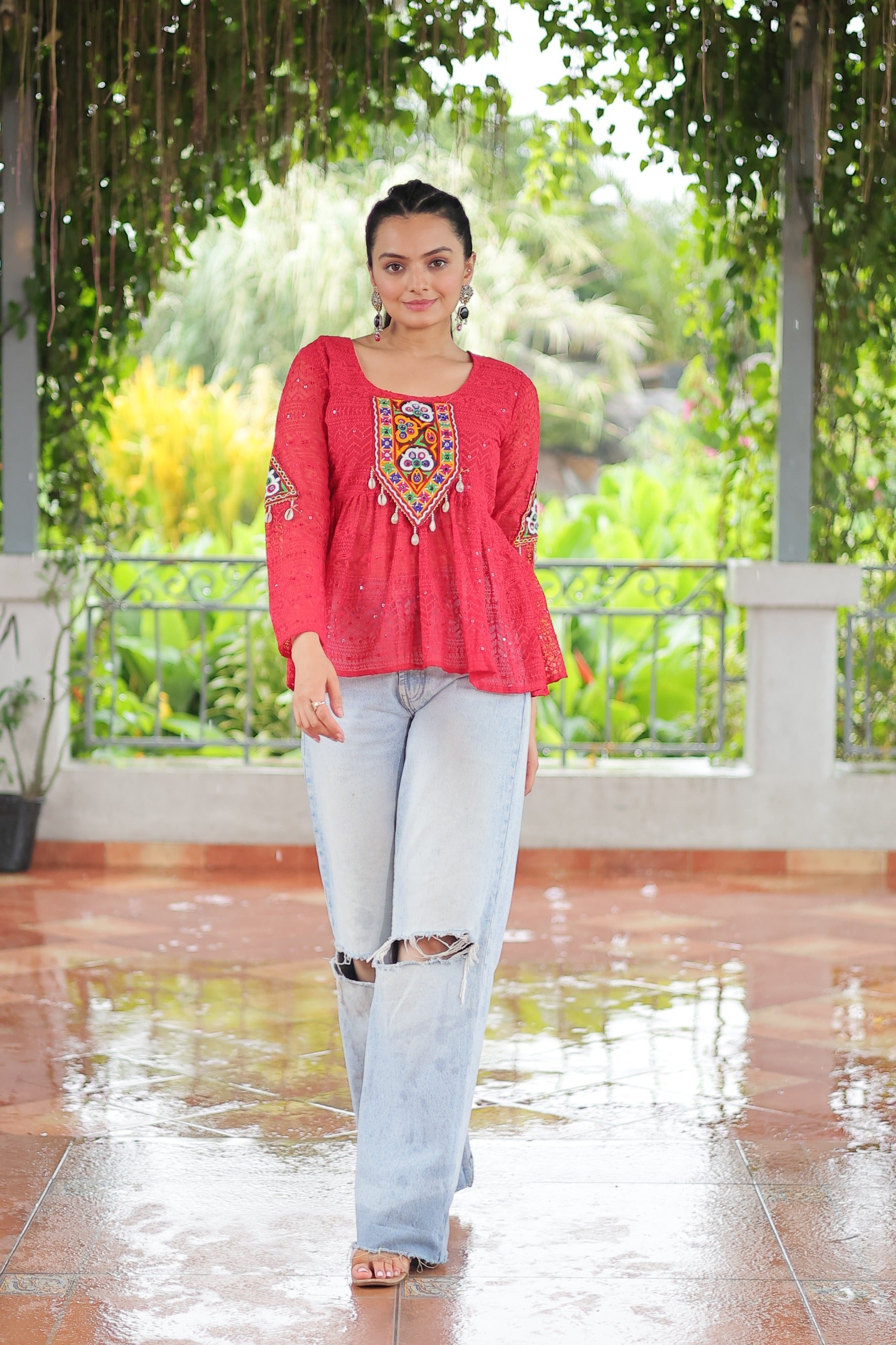 Womenline Red Color Georgette Navratri tunic