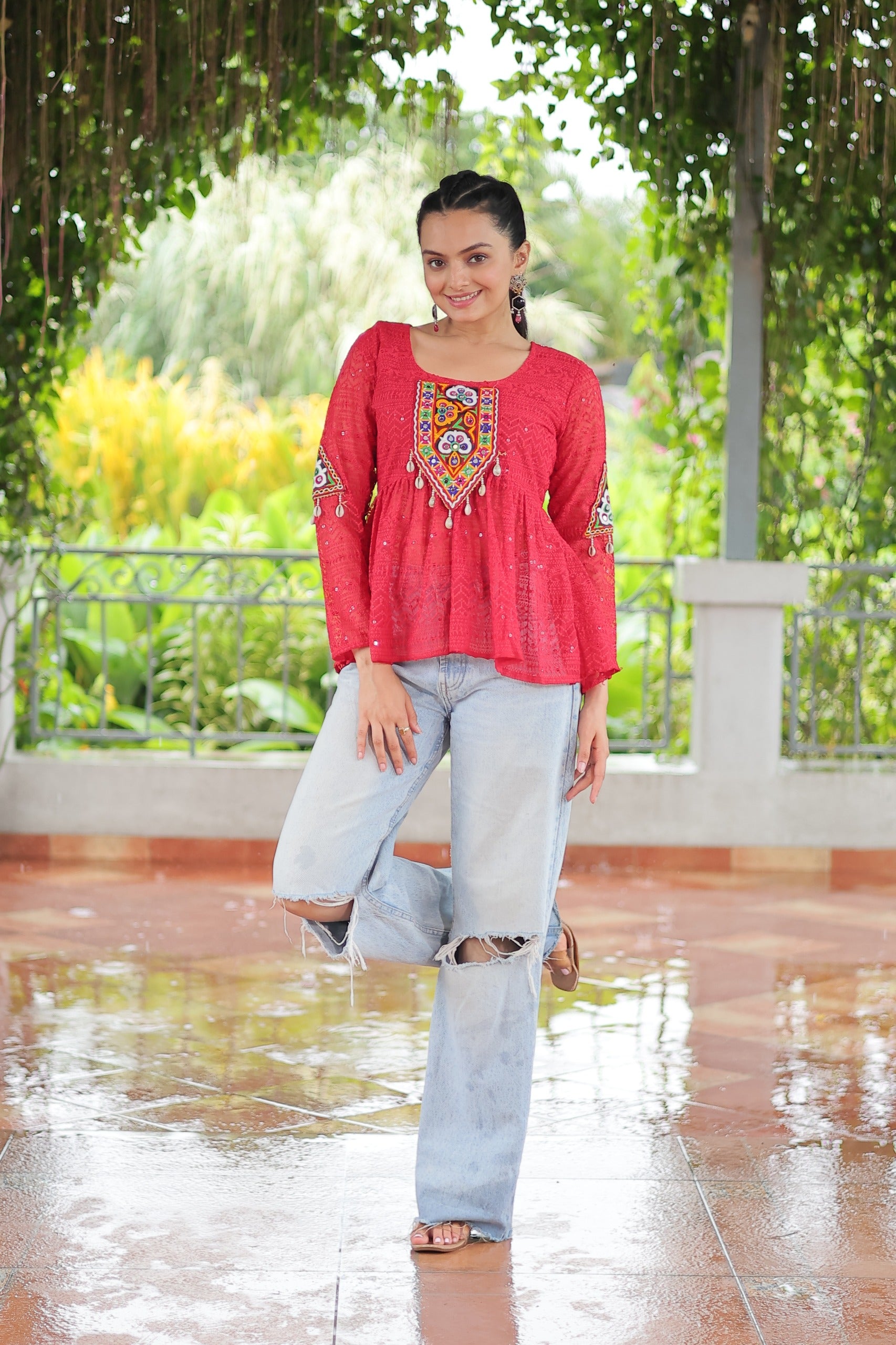 Womenline Red Color Georgette Navratri tunic