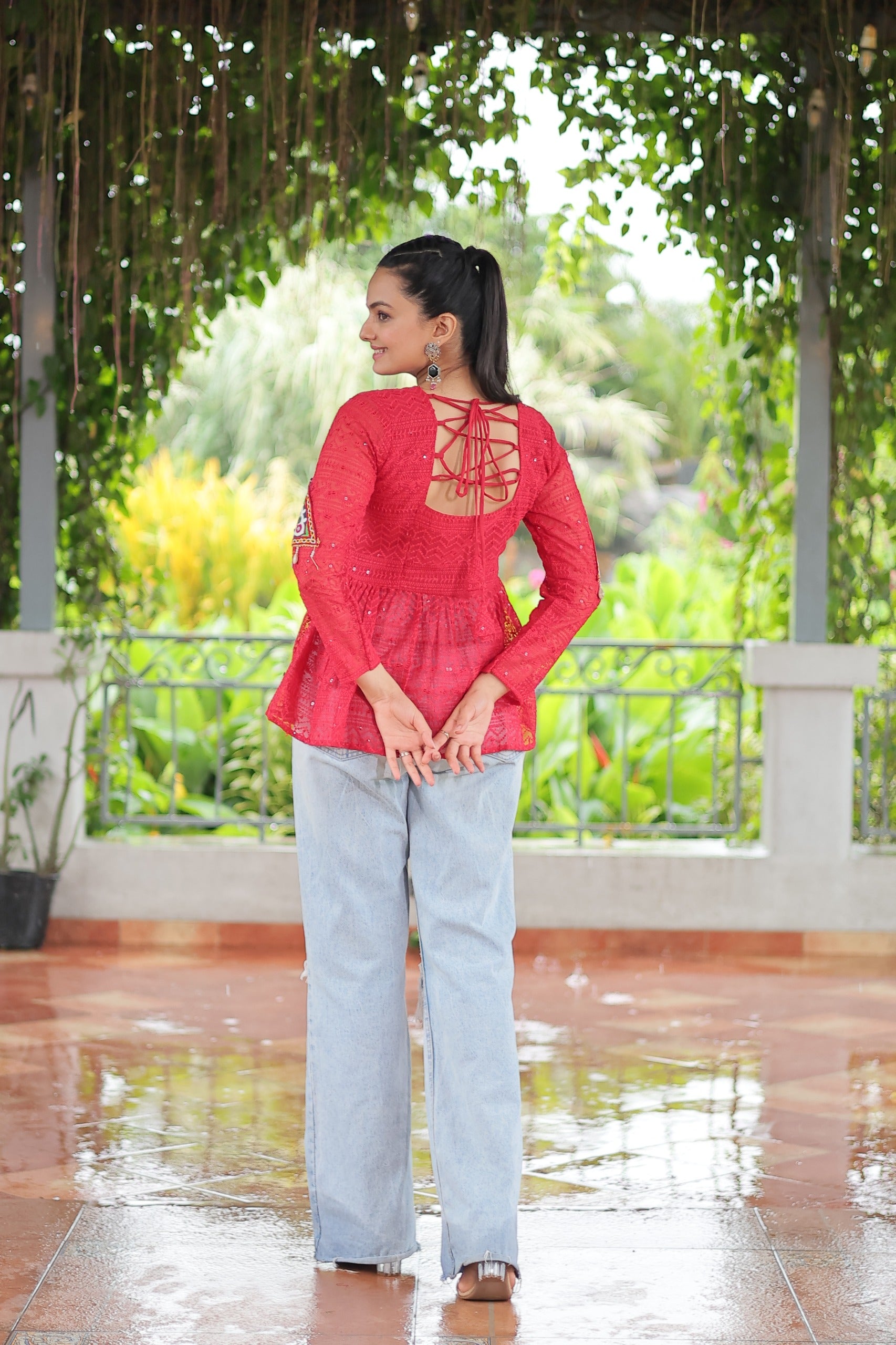 Womenline Red Color Georgette Navratri tunic