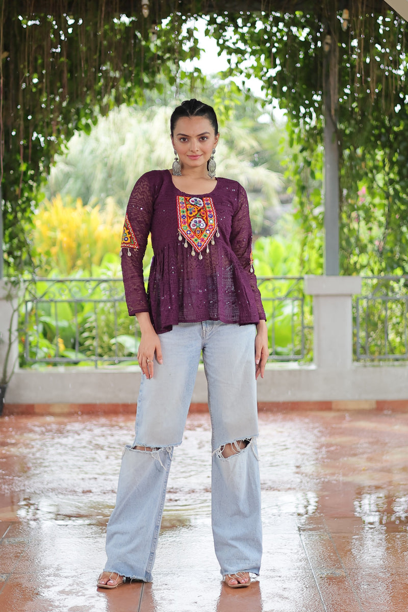 Womenline Wine Color Georgette Navratri tunic