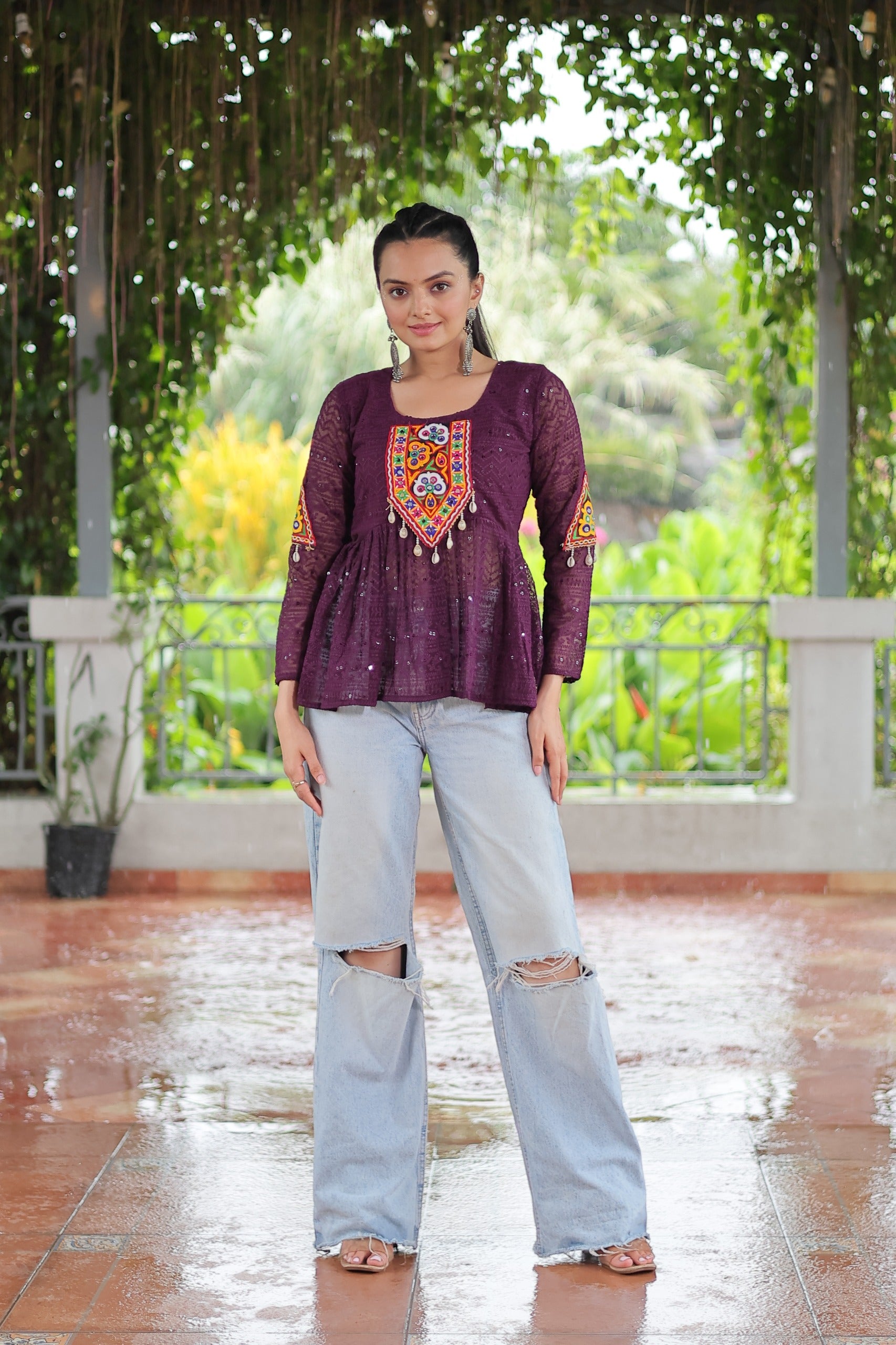 Womenline Wine Color Georgette Navratri tunic