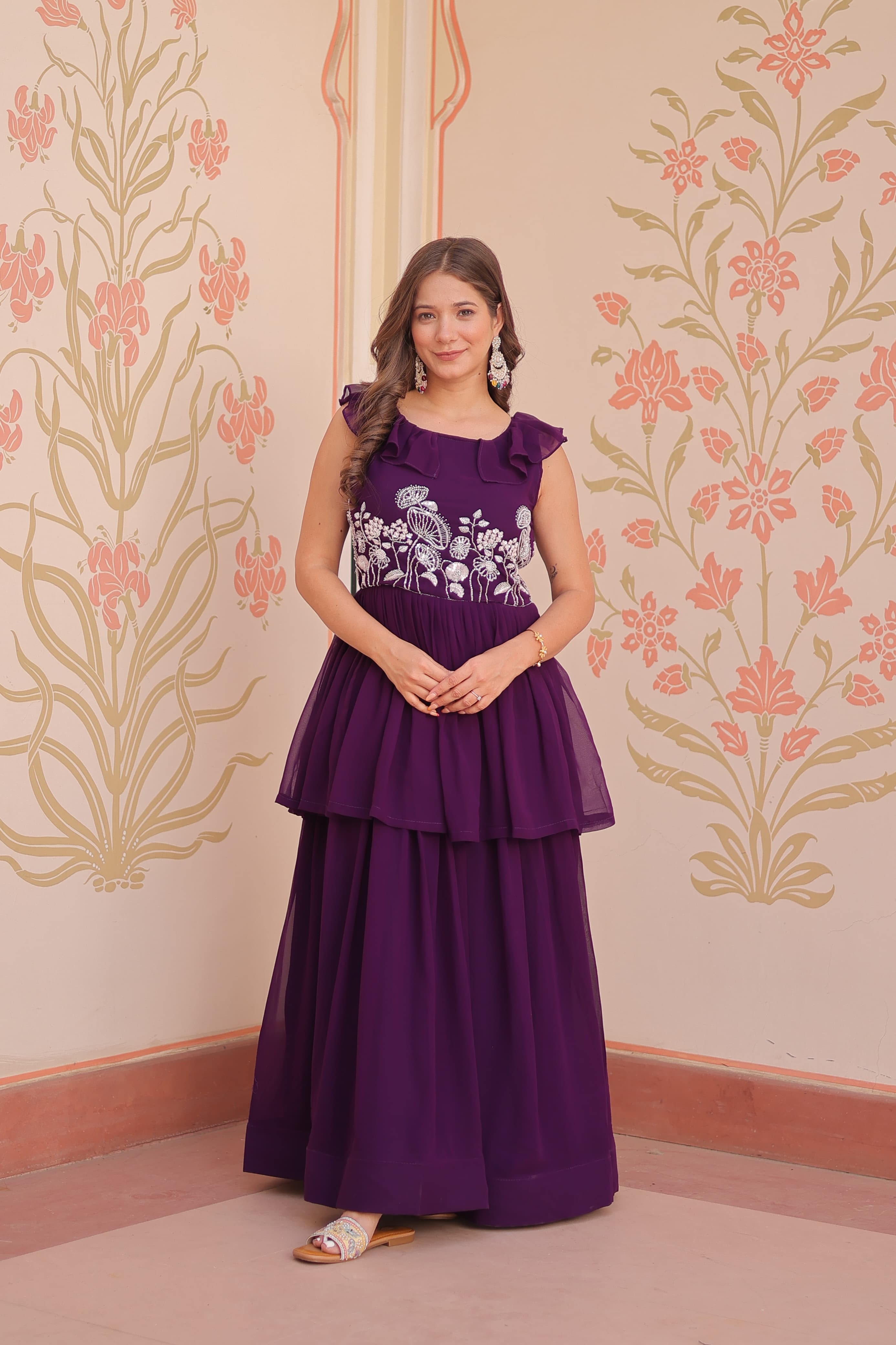 Womenline Purple Color Faux Blooming Gown