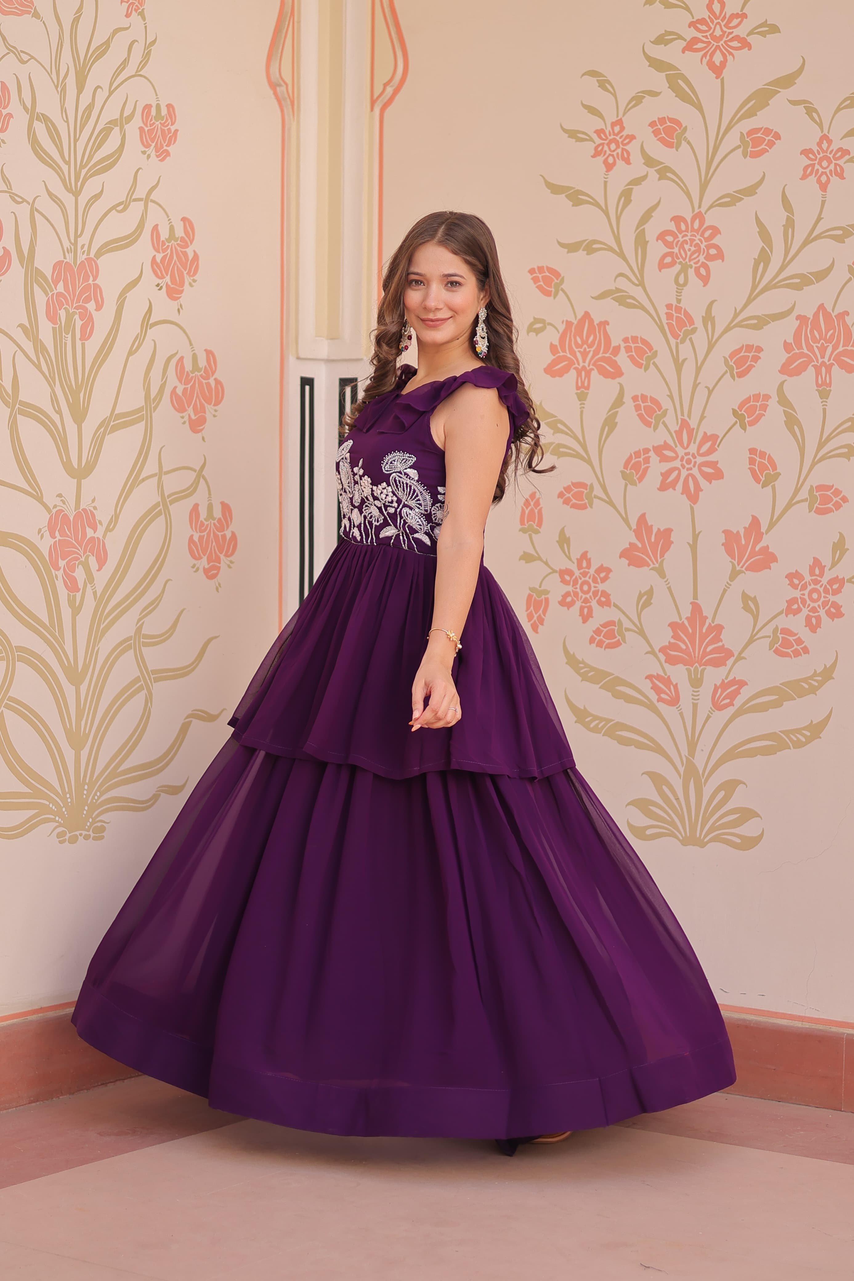 Womenline Purple Color Faux Blooming Gown