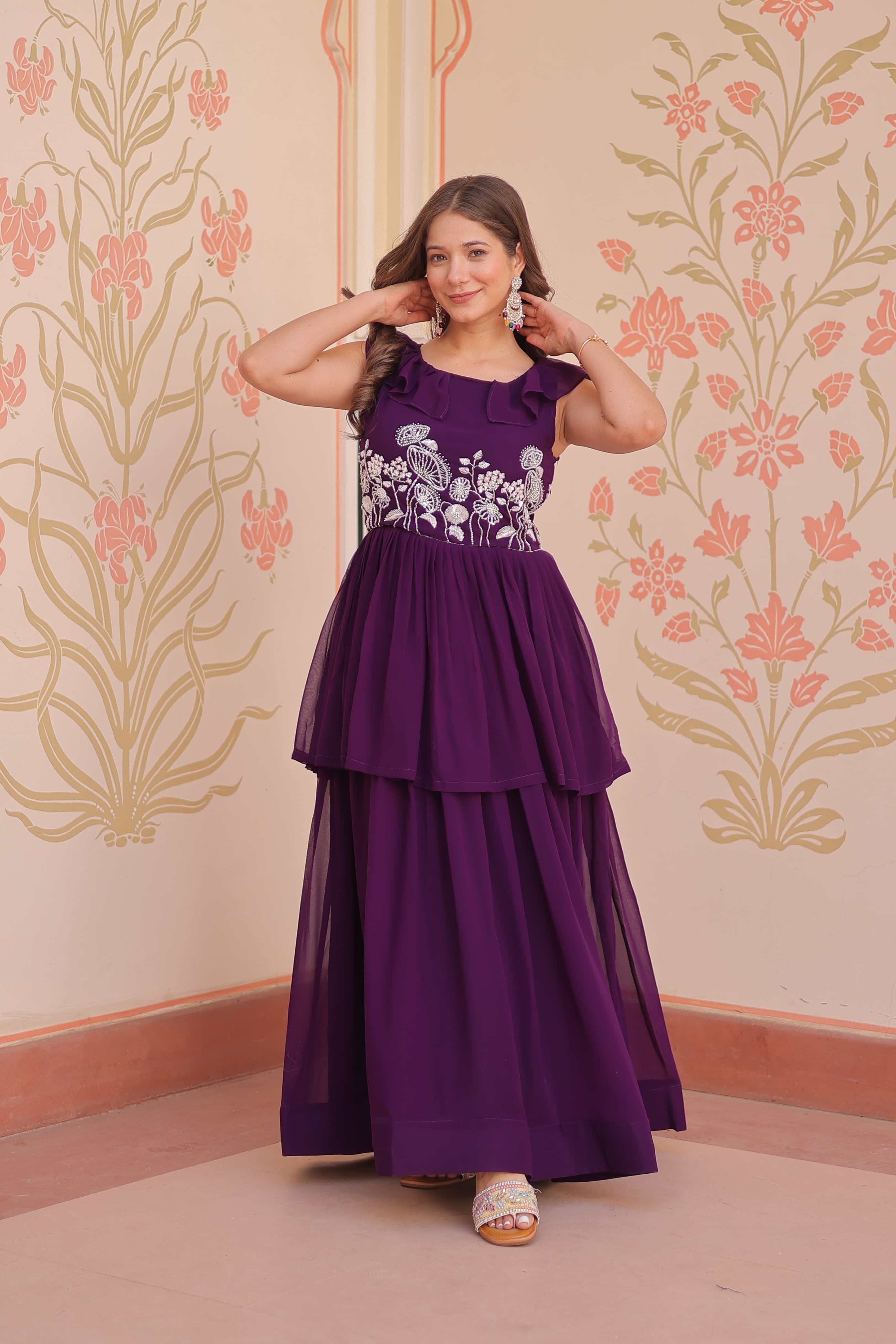 Womenline Purple Color Faux Blooming Gown