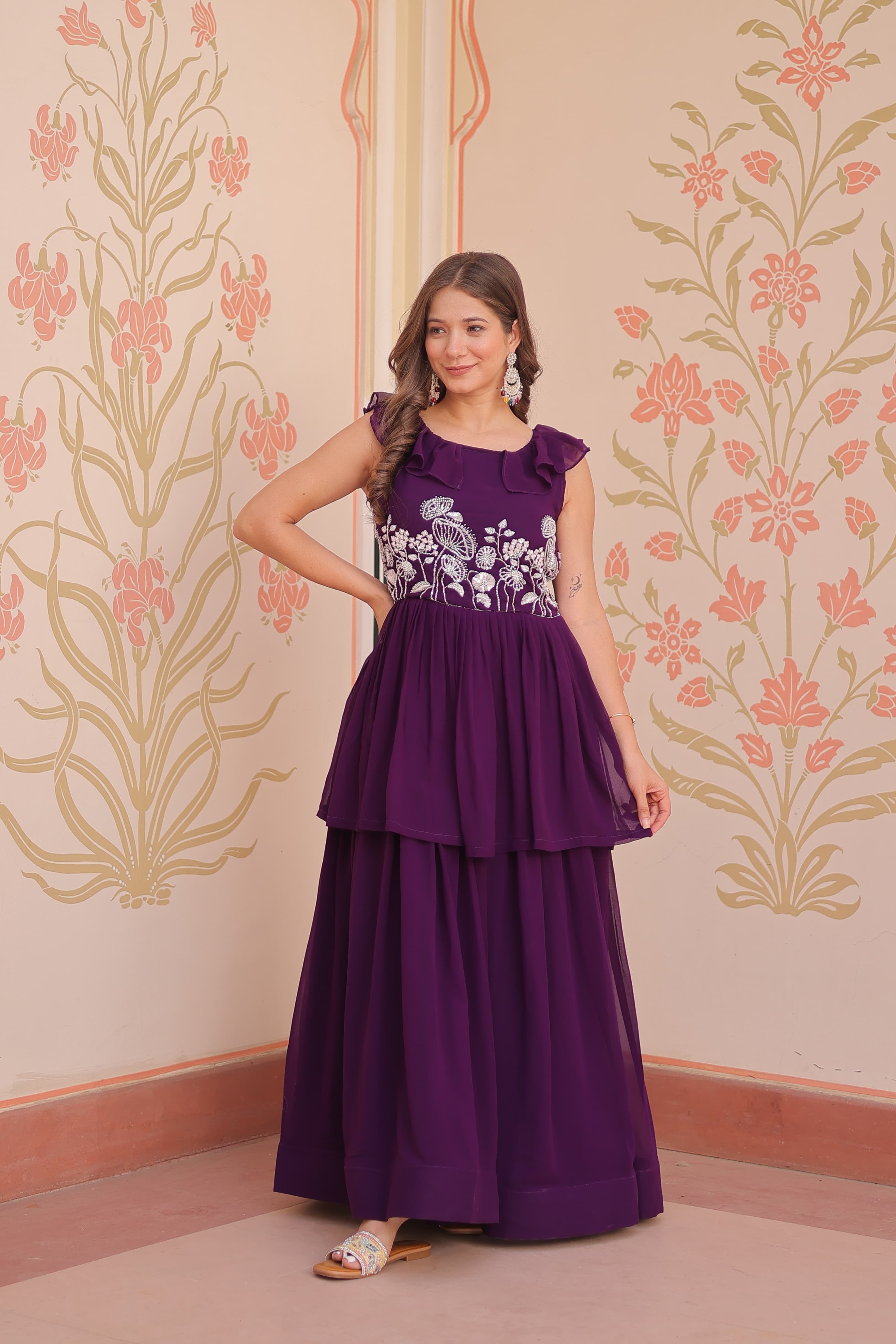 Womenline Purple Color Faux Blooming Gown