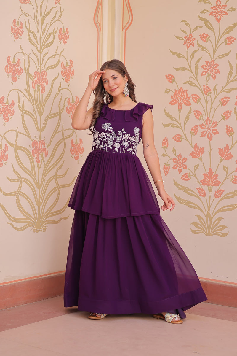 Womenline Purple Color Faux Blooming Gown