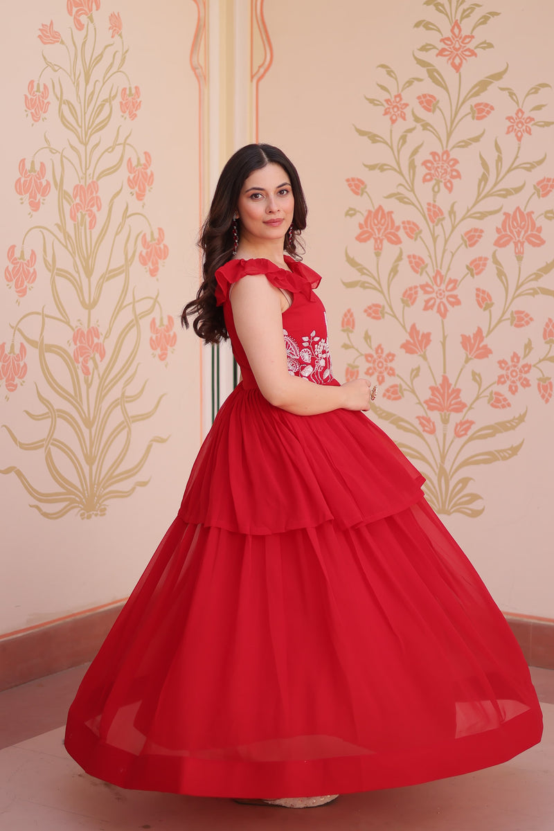 Womenline Red Color Faux Blooming Gown