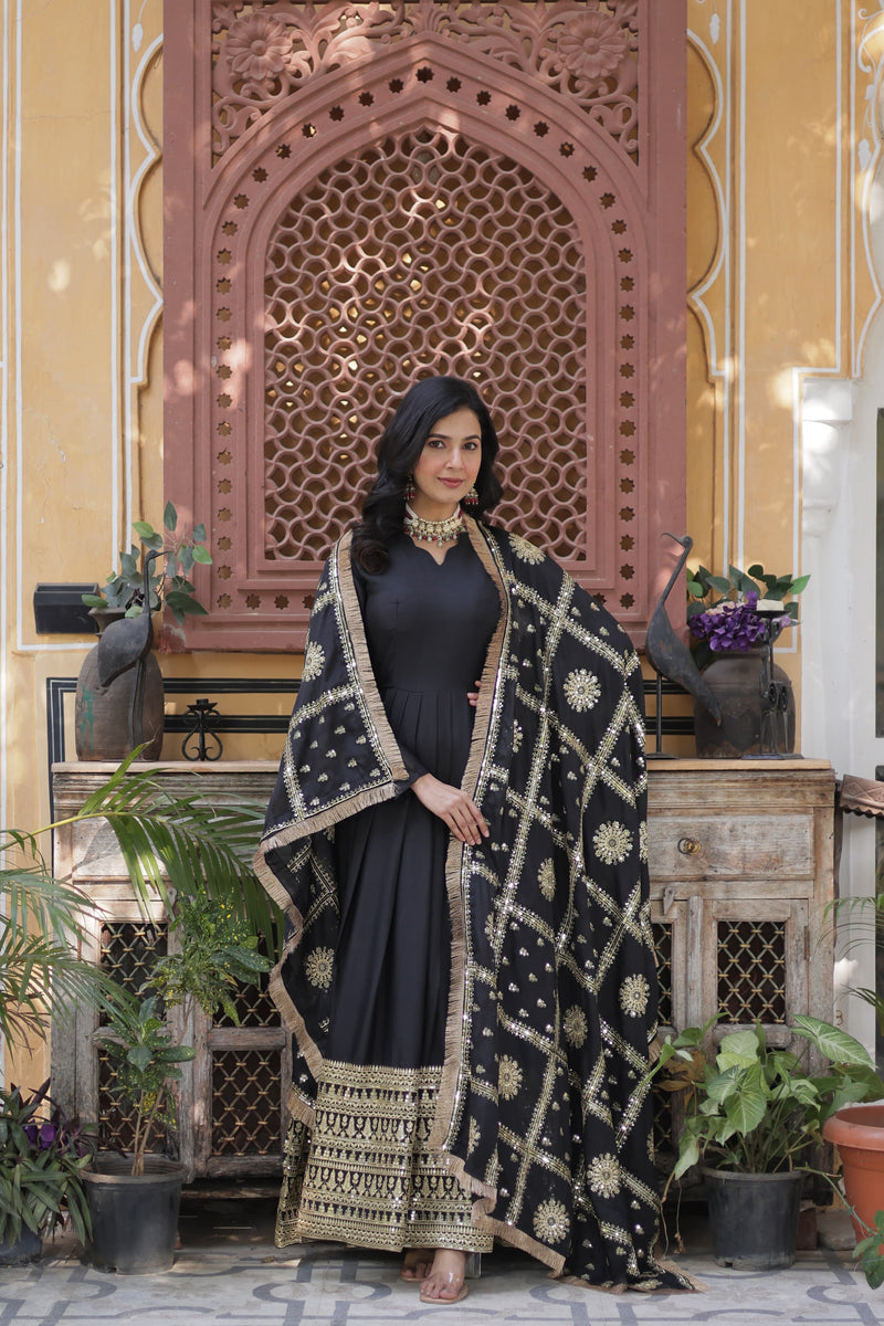 Womenline Black Color Star Georgette Gown