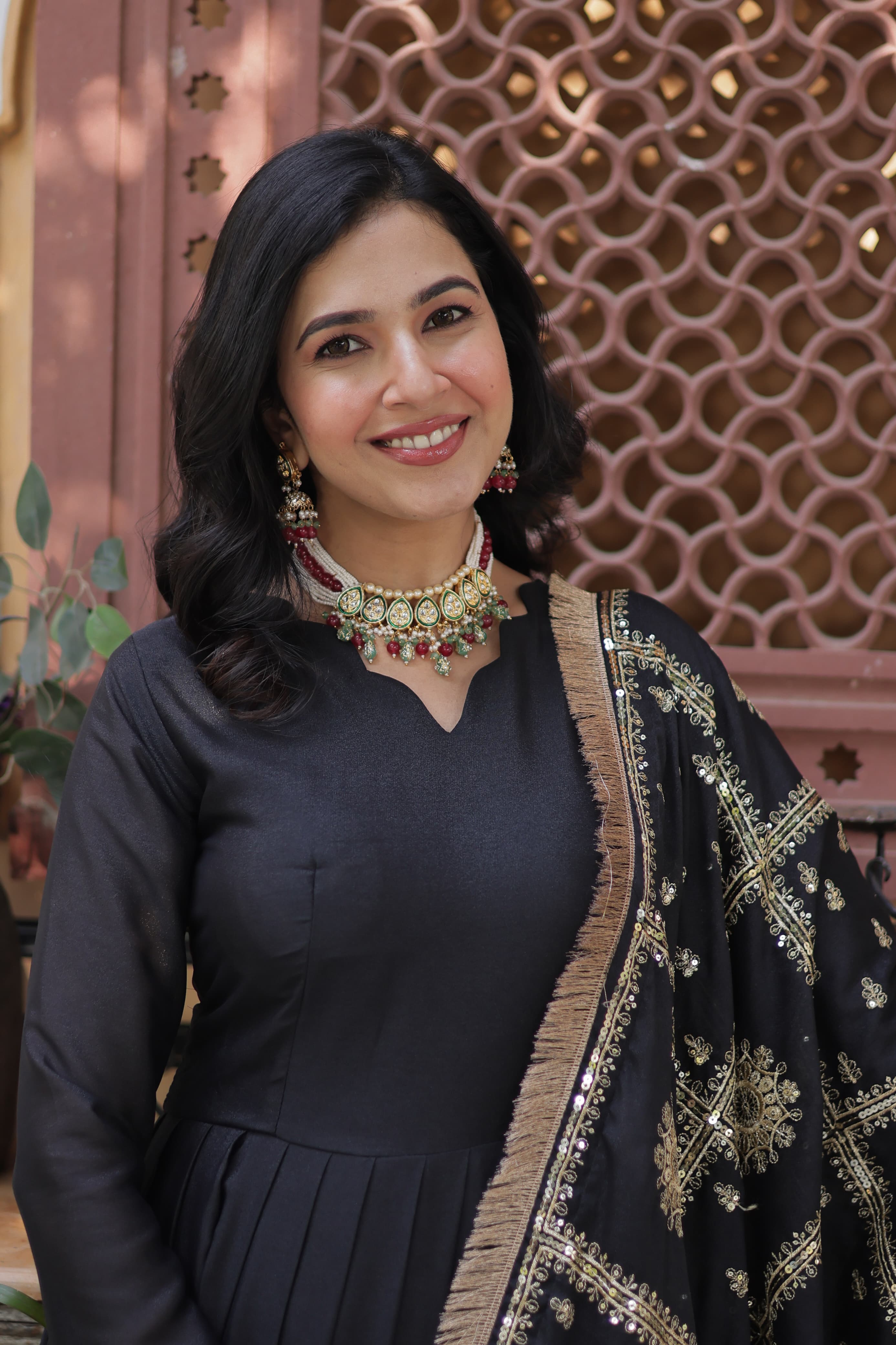 Womenline Black Color Star Georgette Gown