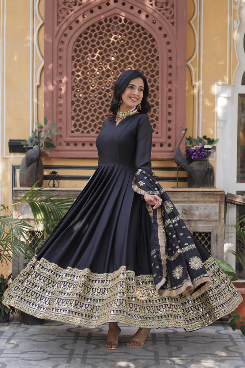 Womenline Black Color Star Georgette Gown