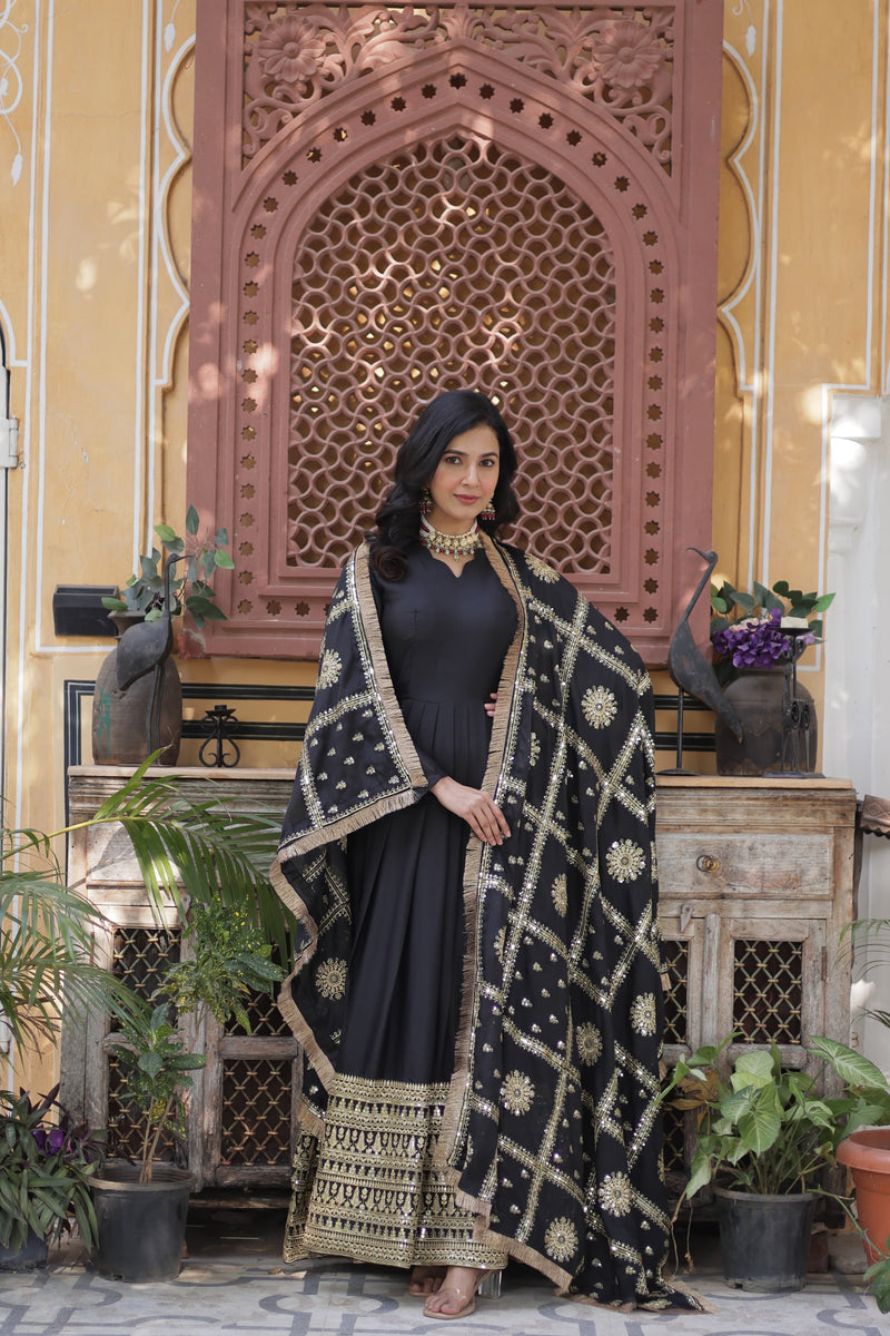 Womenline Black Color Star Georgette Gown