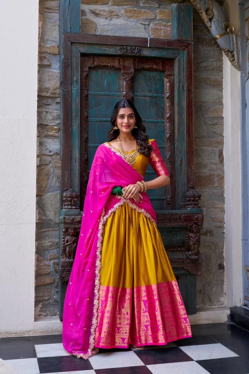 Womenline Mustard Color Narayan Pattu Silk Designer Half Saree