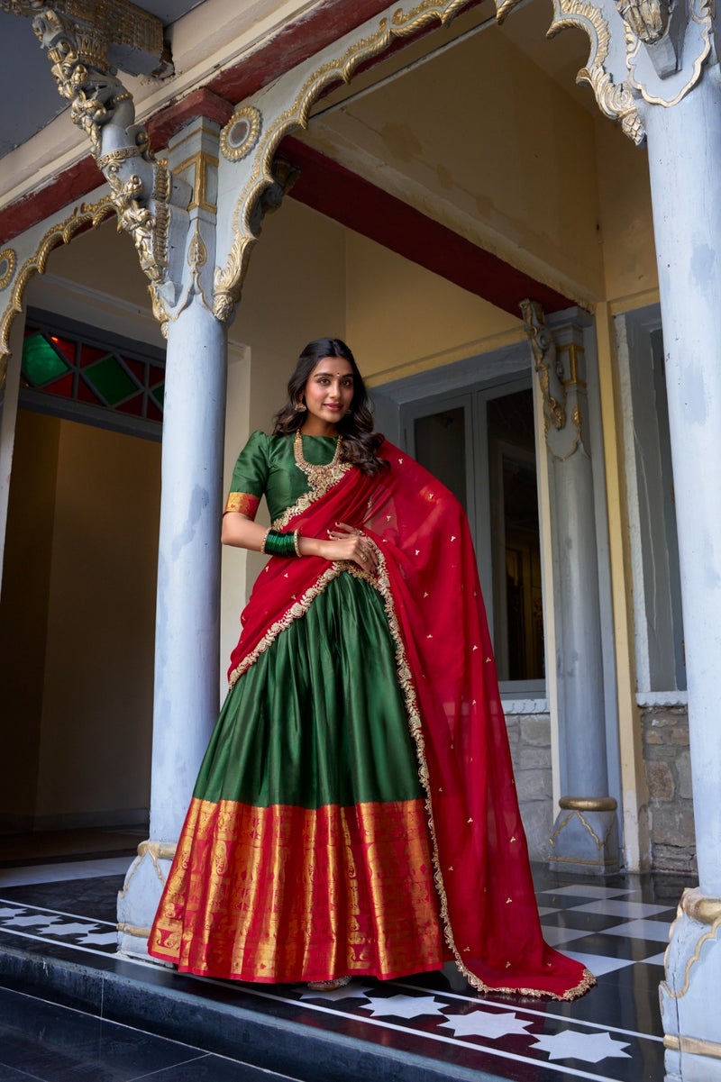 Womenline Green Color Narayan Pattu Silk Designer Half Saree