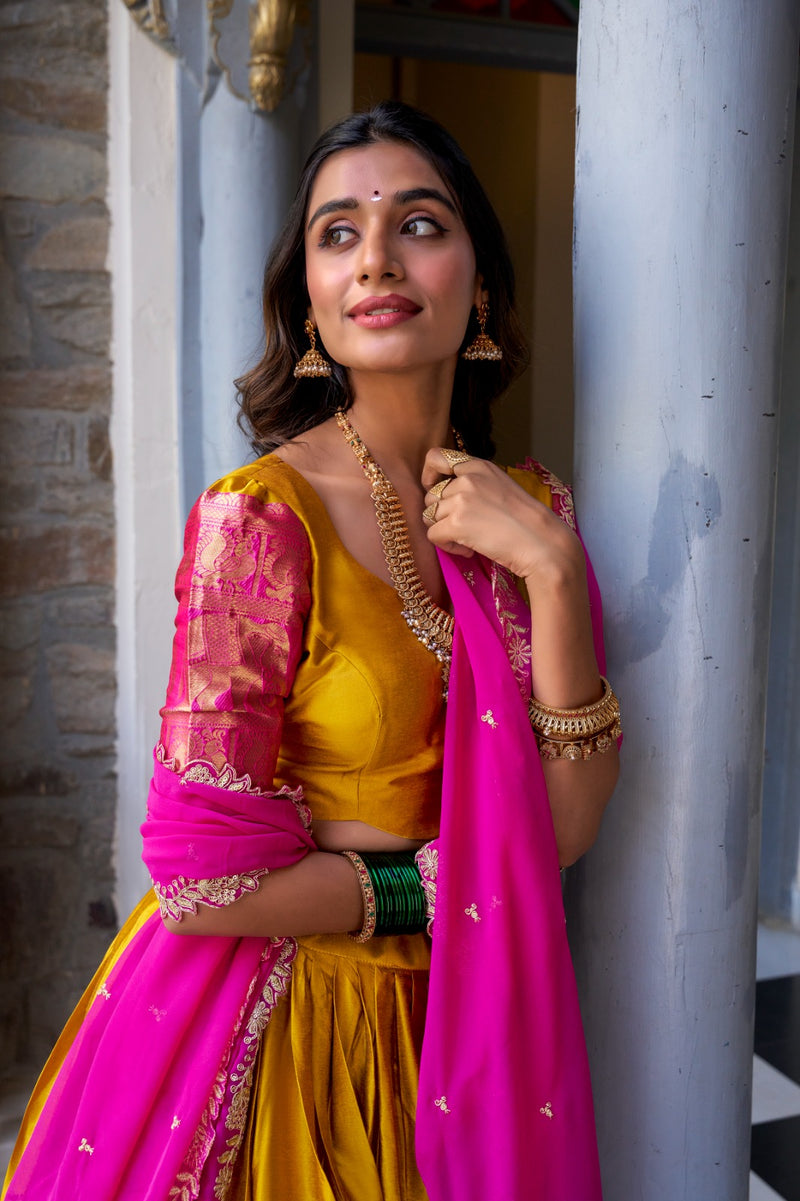 Womenline Mustard Color Narayan Pattu Silk Designer Half Saree