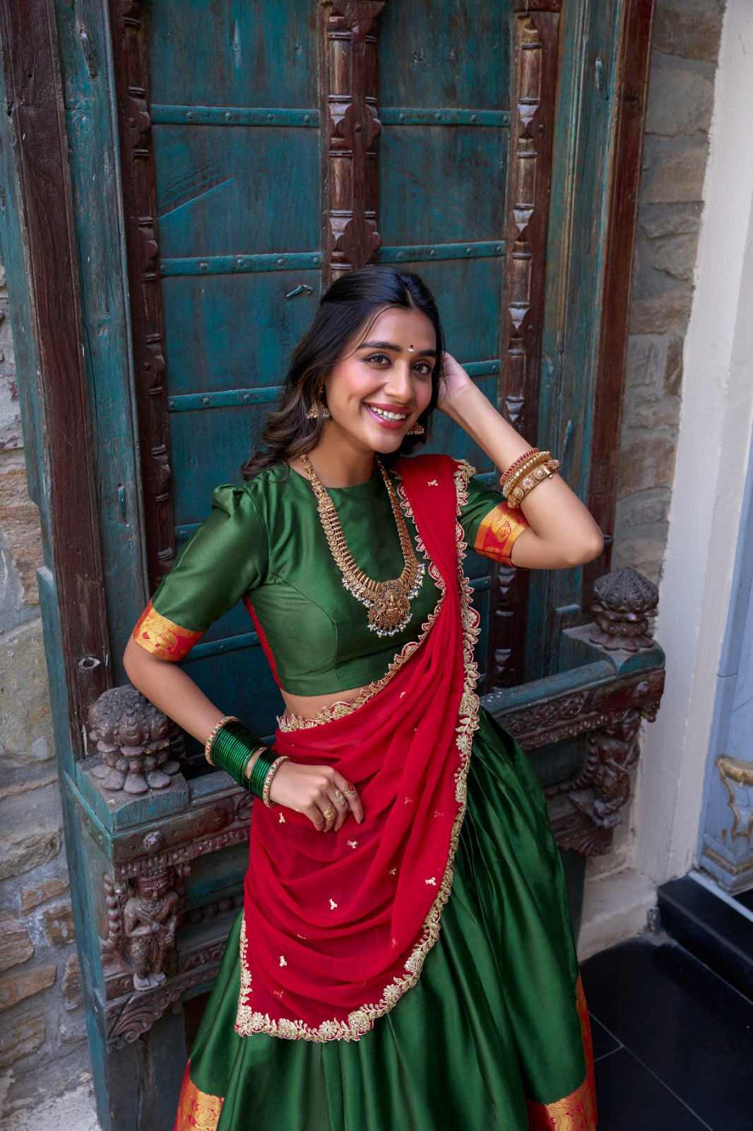 Womenline Green Color Narayan Pattu Silk Designer Half Saree