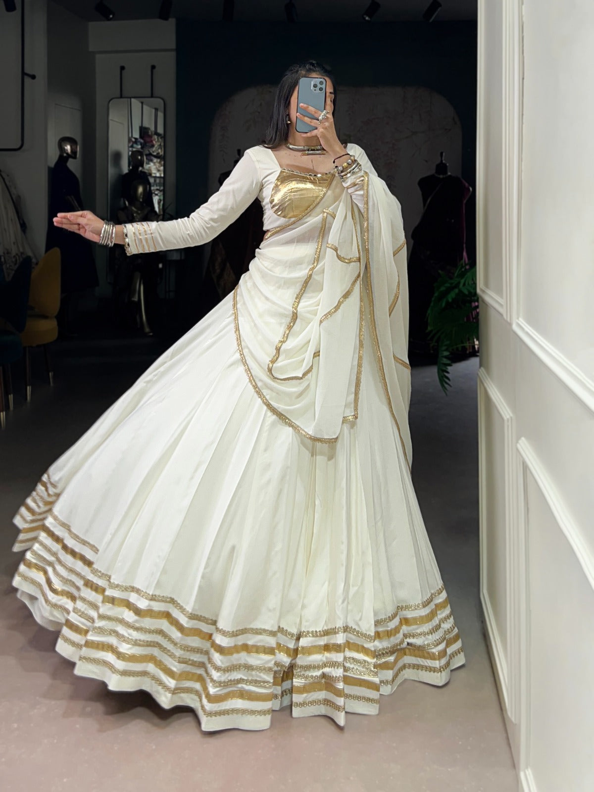Womenline White Color Pure Rayon Navratri Lehenga Choli