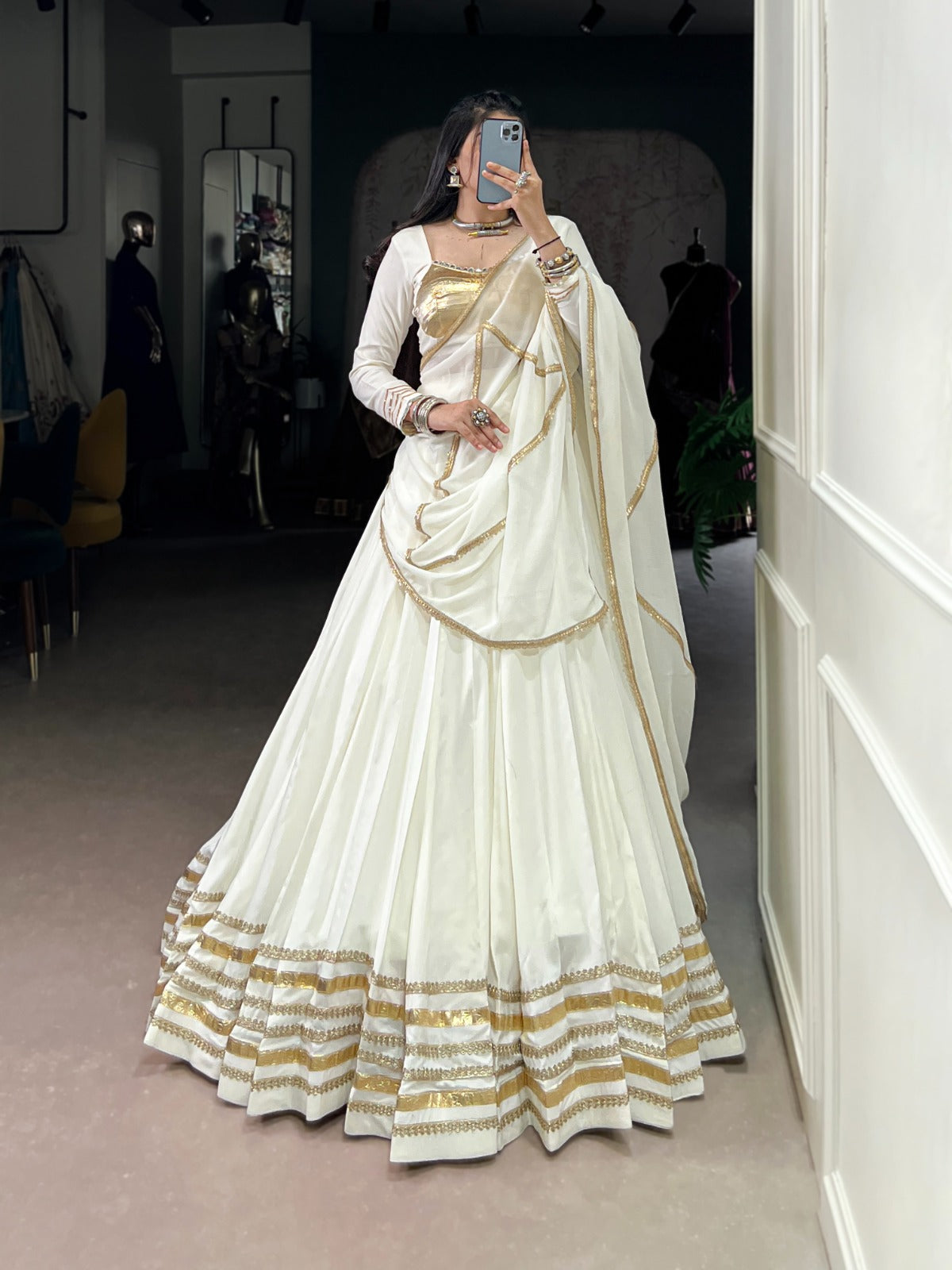 Womenline White Color Pure Rayon Navratri Lehenga Choli