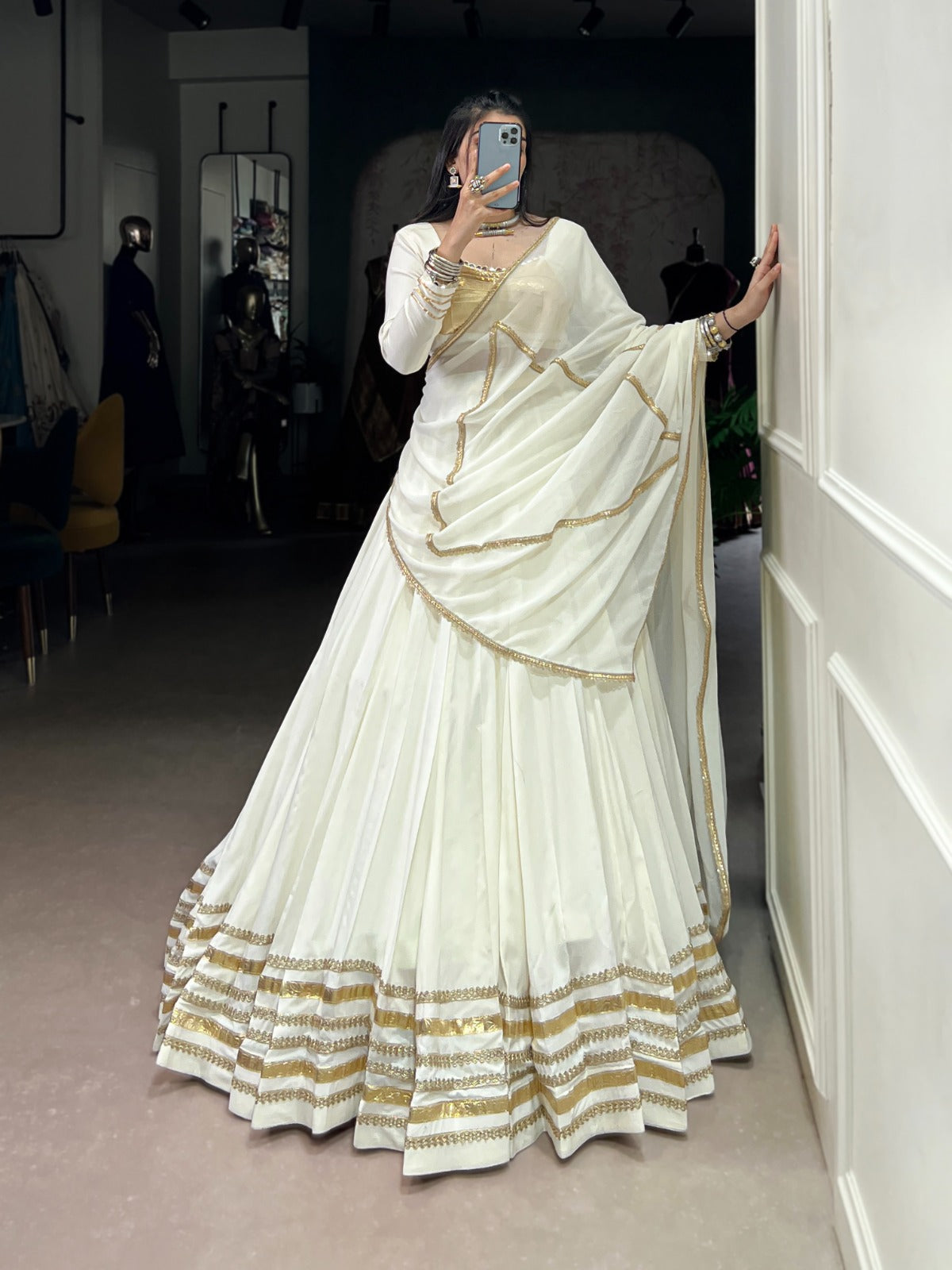 Womenline White Color Pure Rayon Navratri Lehenga Choli