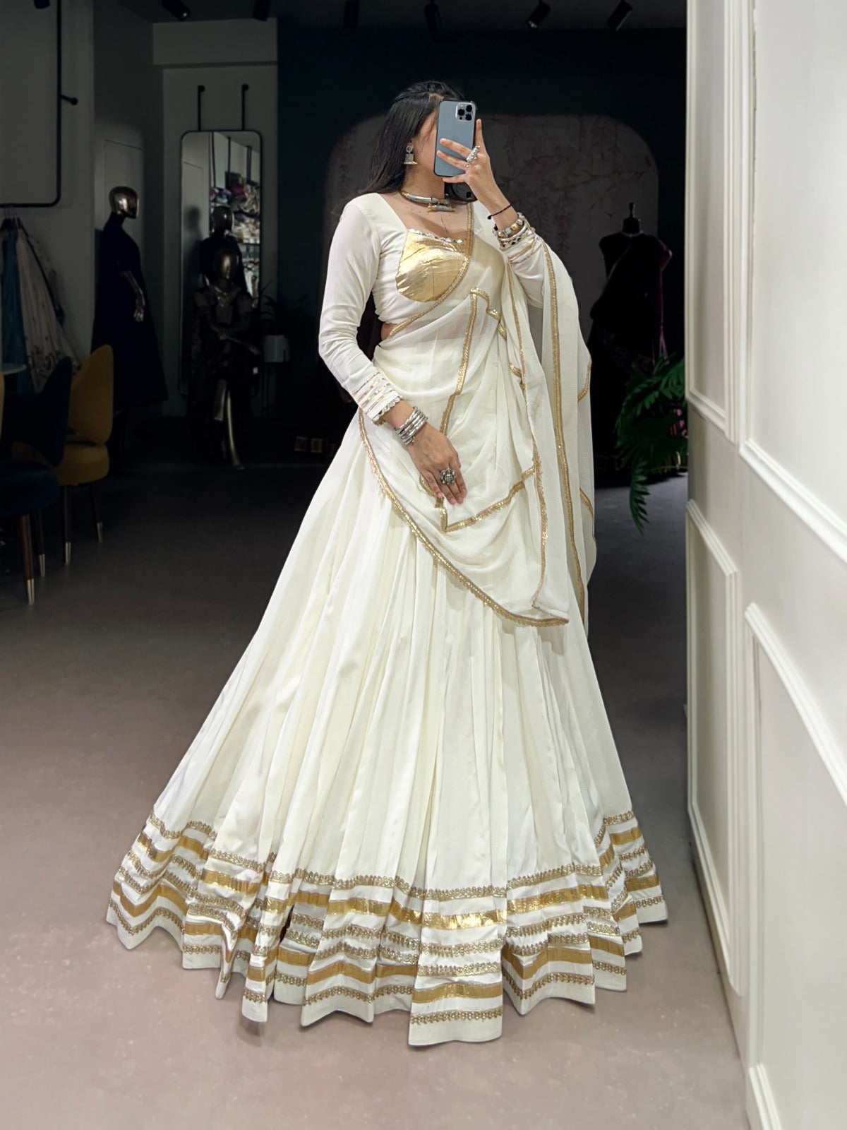 Womenline White Color Pure Rayon Navratri Lehenga Choli