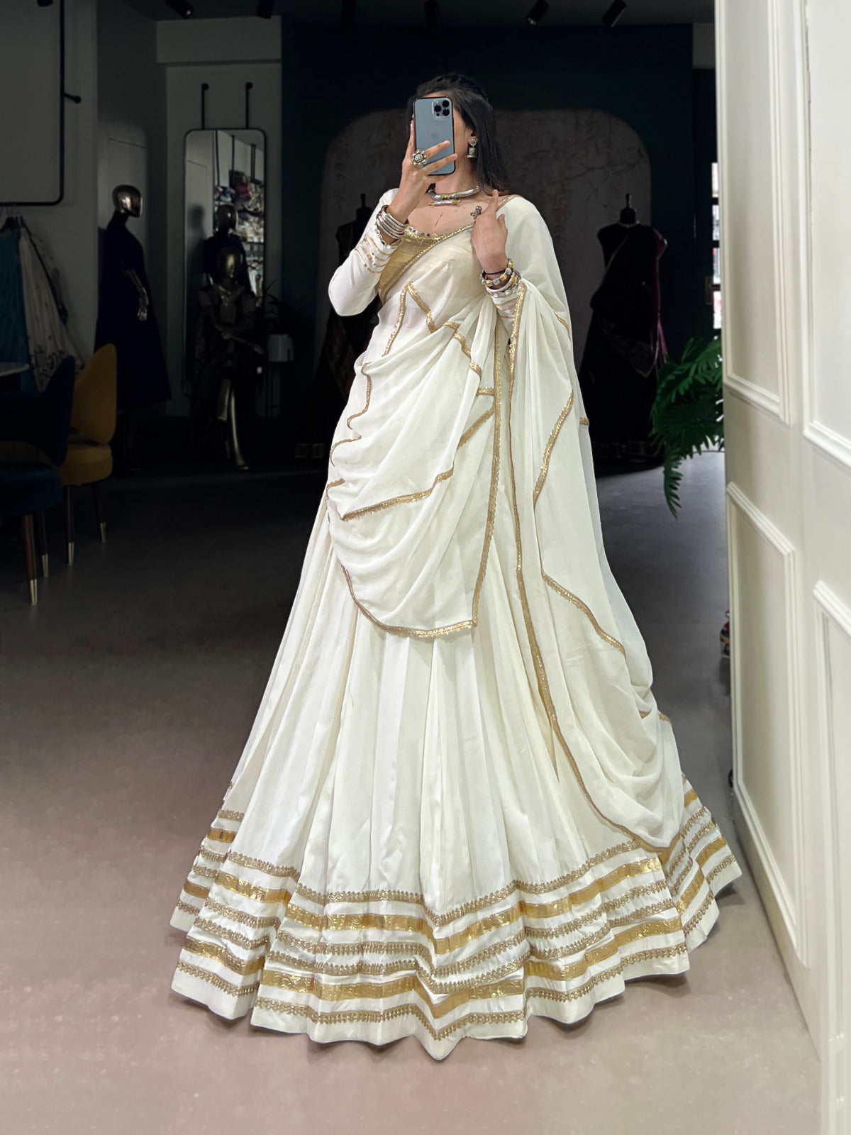 Womenline White Color Pure Rayon Navratri Lehenga Choli