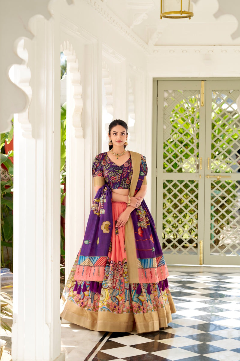 Womenline Peach Color Dola Silk Designer Kalamkari Print Half Saree