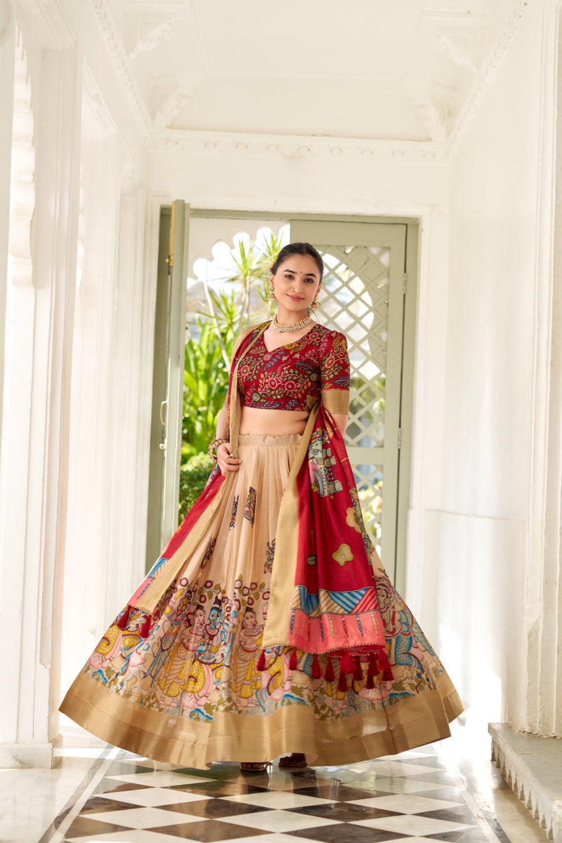 Womenline Cream Color Dola Silk Designer Kalamkari Print Half Saree