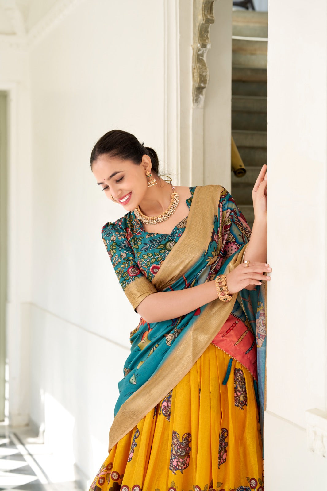 Womenline Yellow Color Dola Silk Designer Kalamkari Print Half Saree