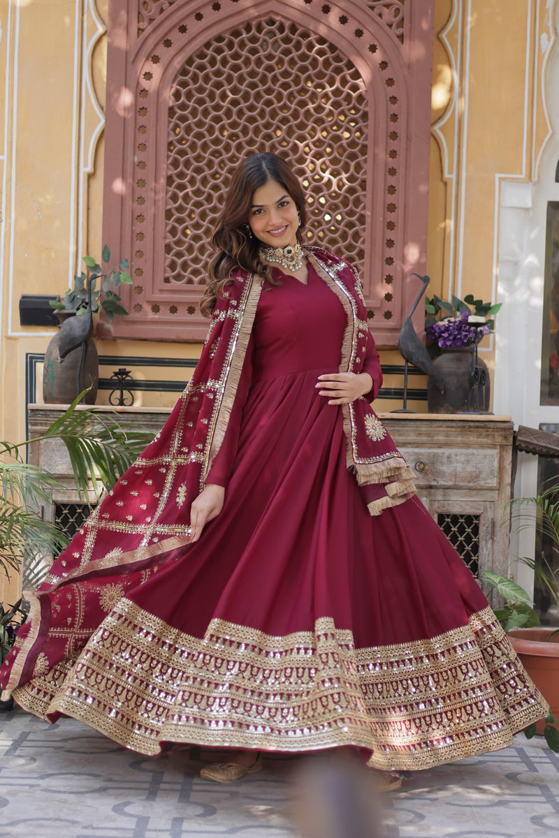 Womenline Red Color Star Georgette Gown
