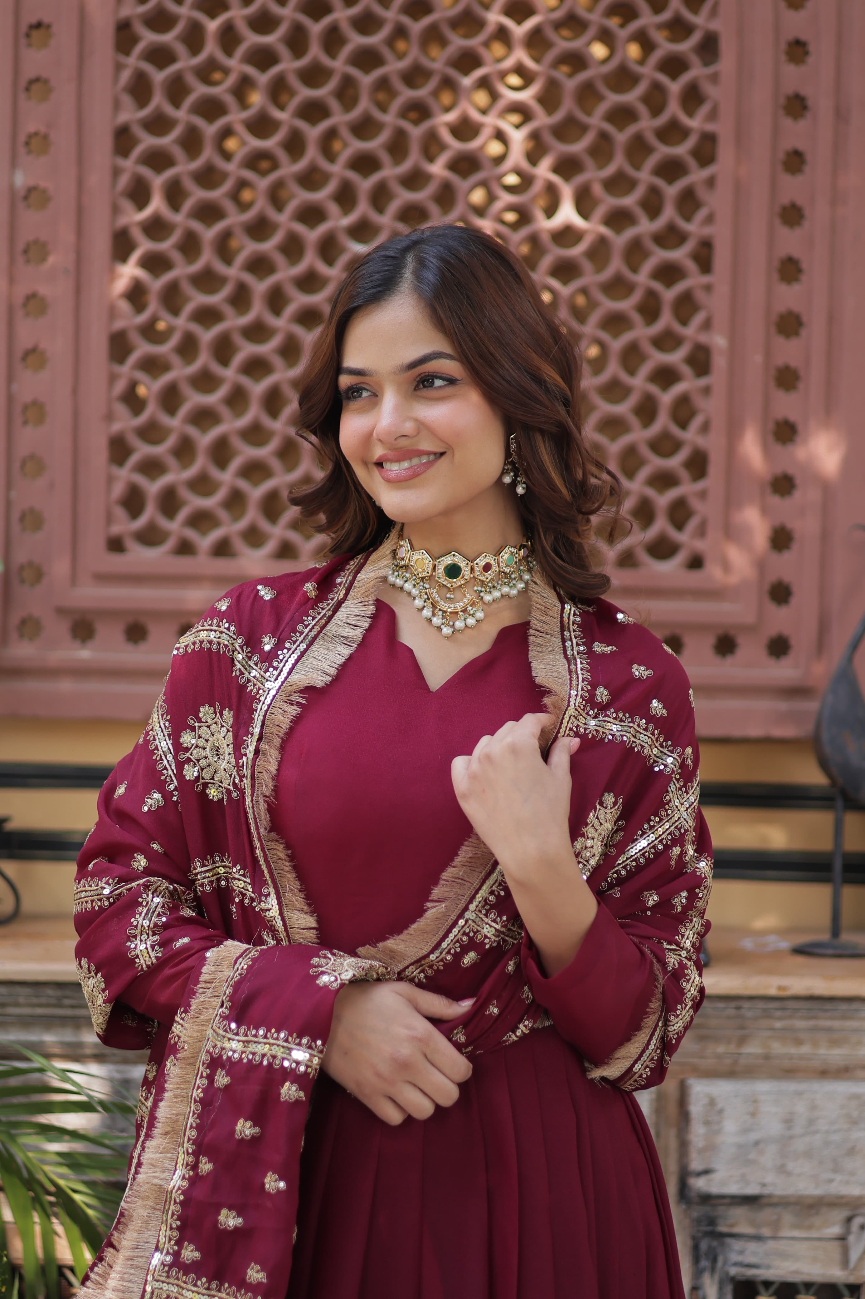 Womenline Red Color Star Georgette Gown