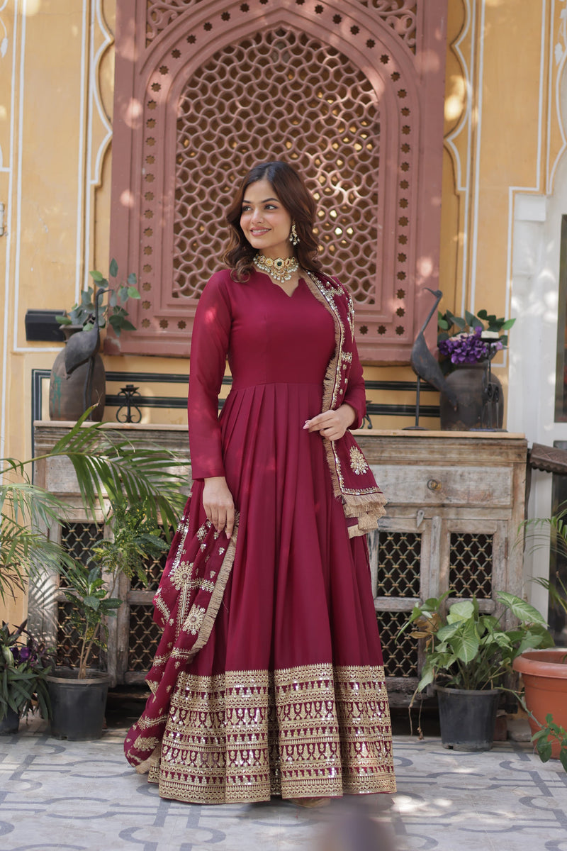 Womenline Red Color Star Georgette Gown