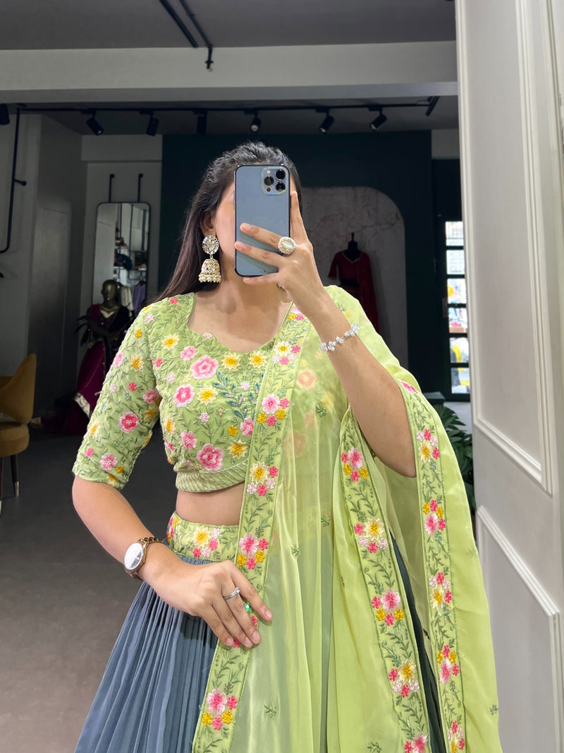 Womenline Grey Color Designer Georgette Lehenga Choli