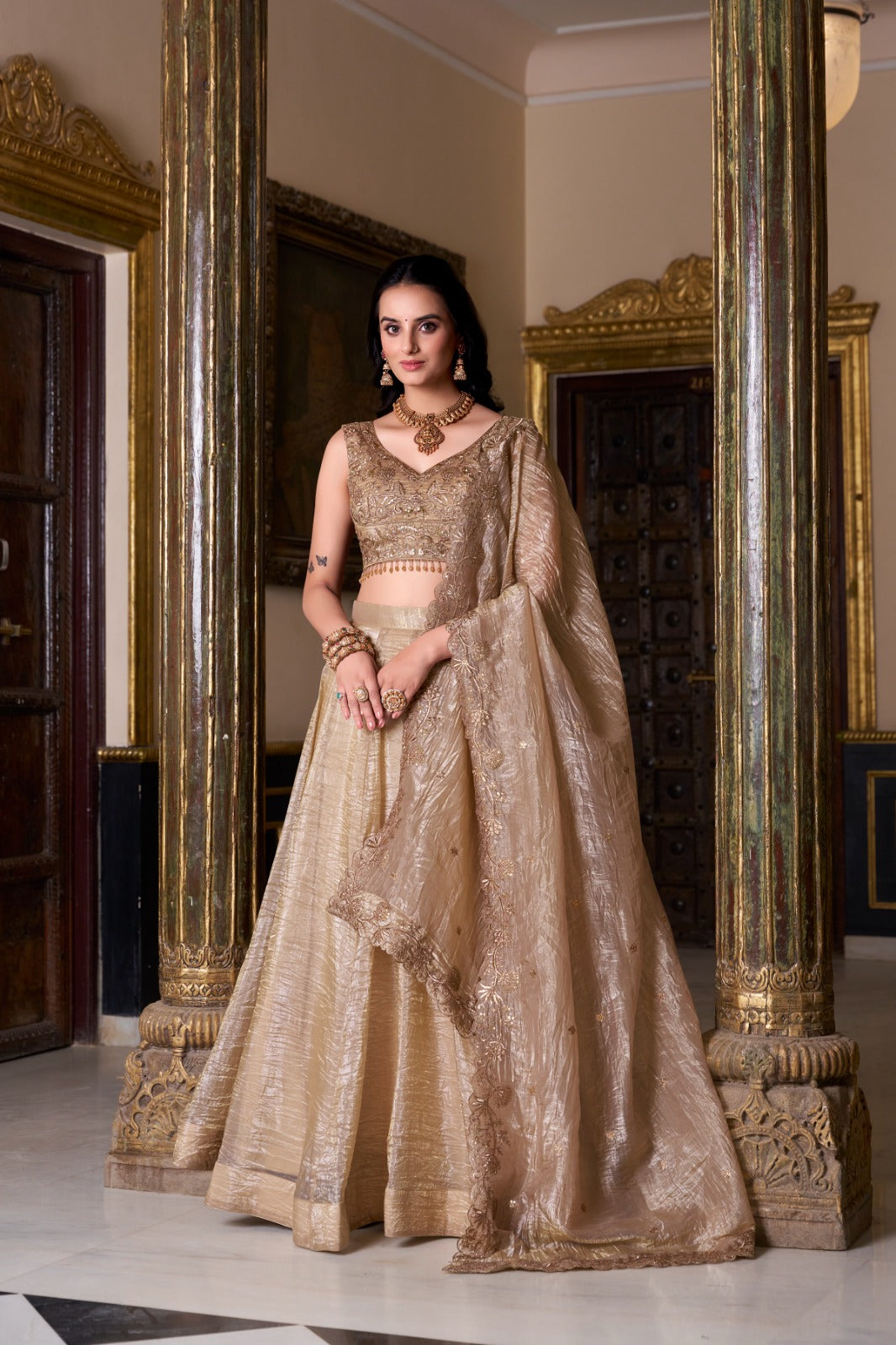 Womenline Chikoo Color Gold Crush Lehenga Choli
