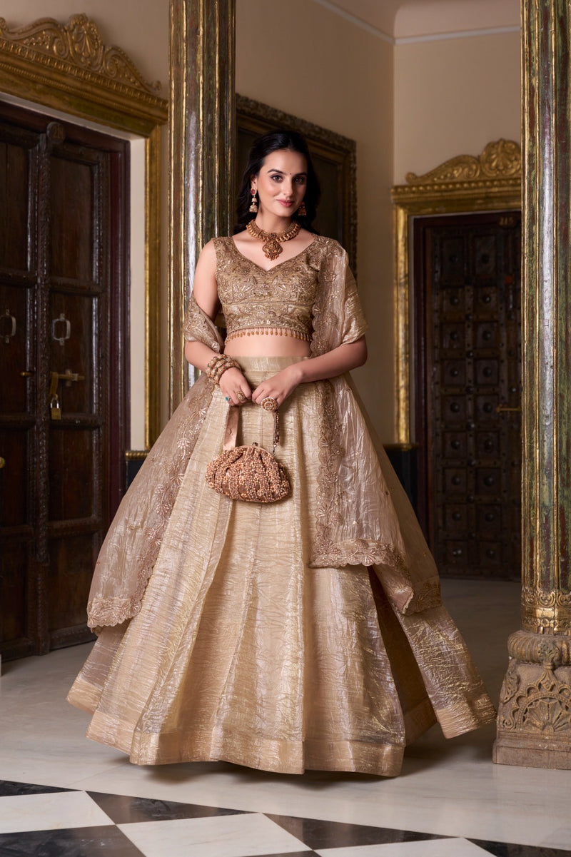 Womenline Chikoo Color Gold Crush Lehenga Choli