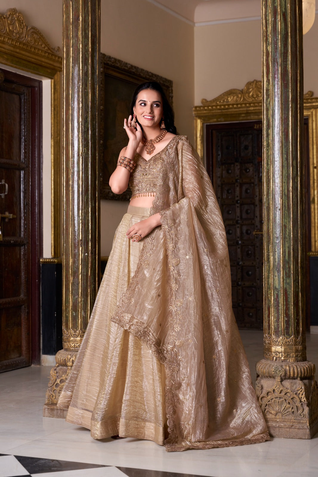Womenline Chikoo Color Gold Crush Lehenga Choli