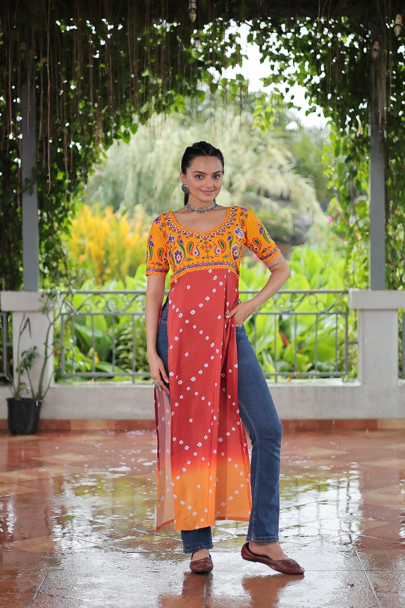 Womenline Yellow Printed Rayon Navratri Kurti