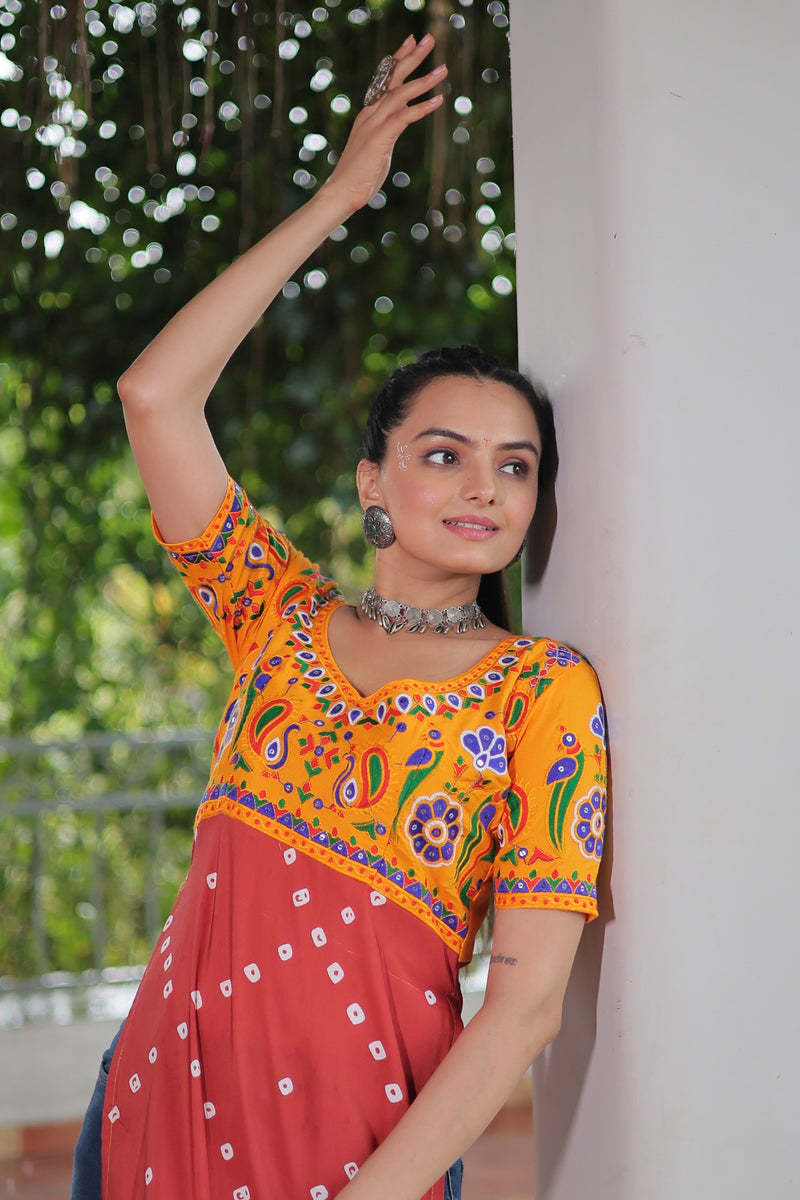 Womenline Yellow Printed Rayon Navratri Kurti