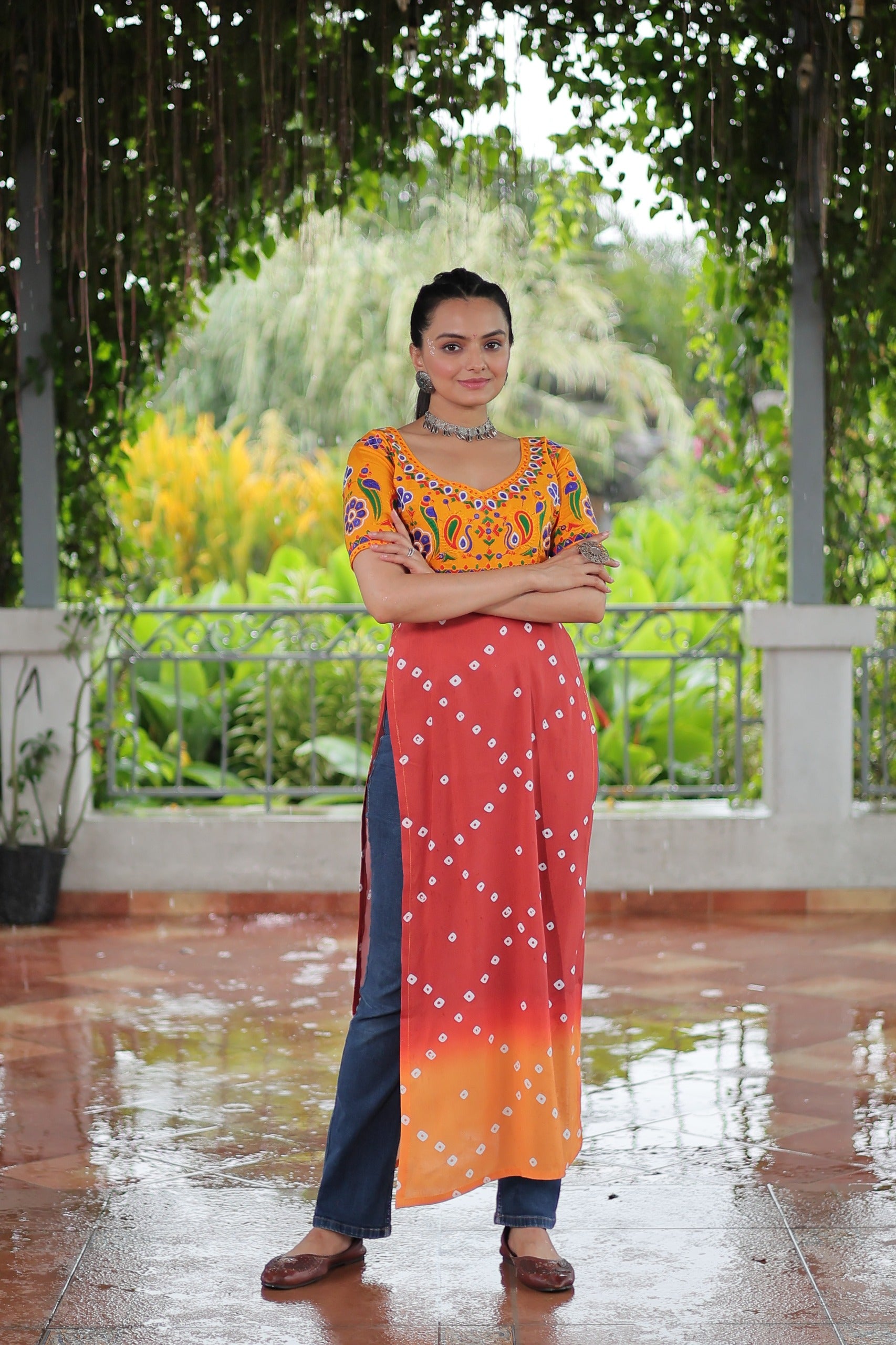 Womenline Yellow Printed Rayon Navratri Kurti