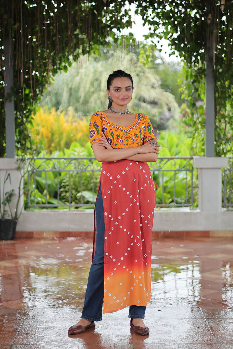 Womenline Yellow Printed Rayon Navratri Kurti
