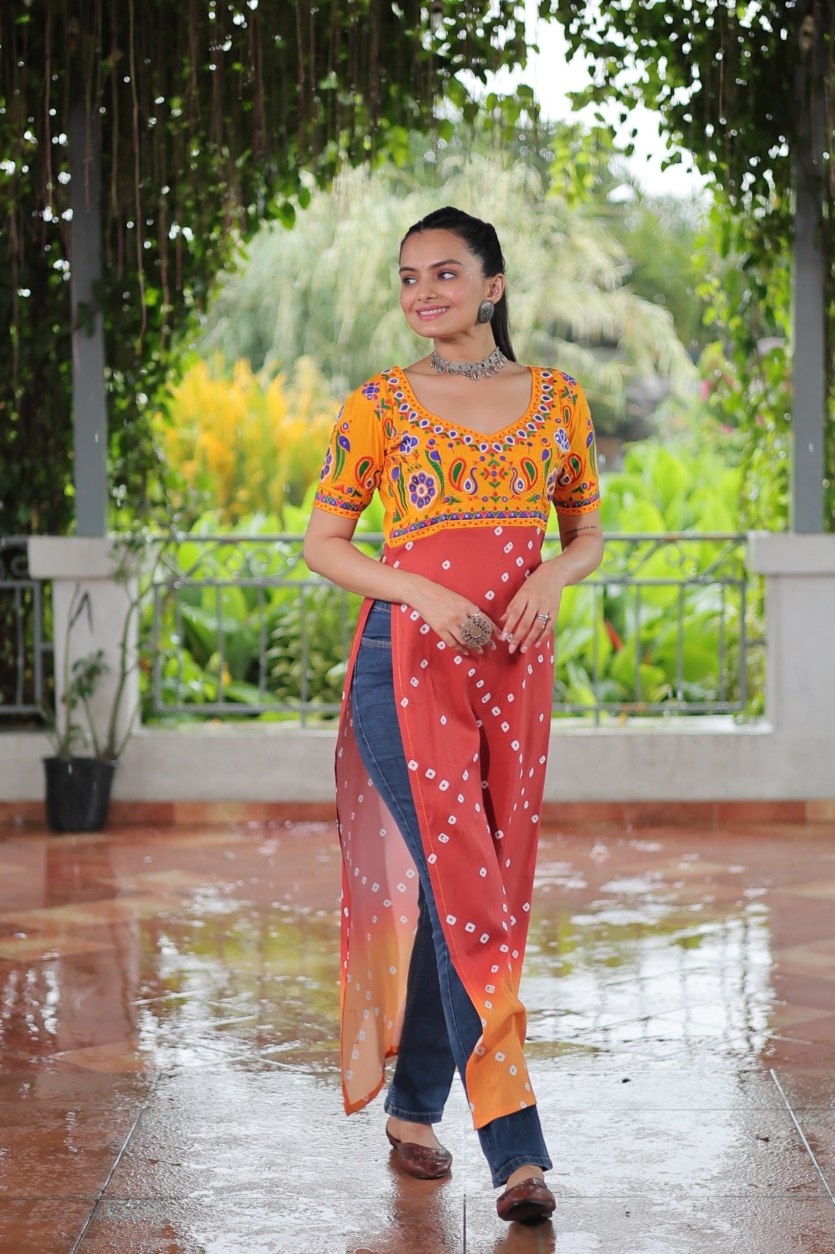 Womenline Yellow Printed Rayon Navratri Kurti