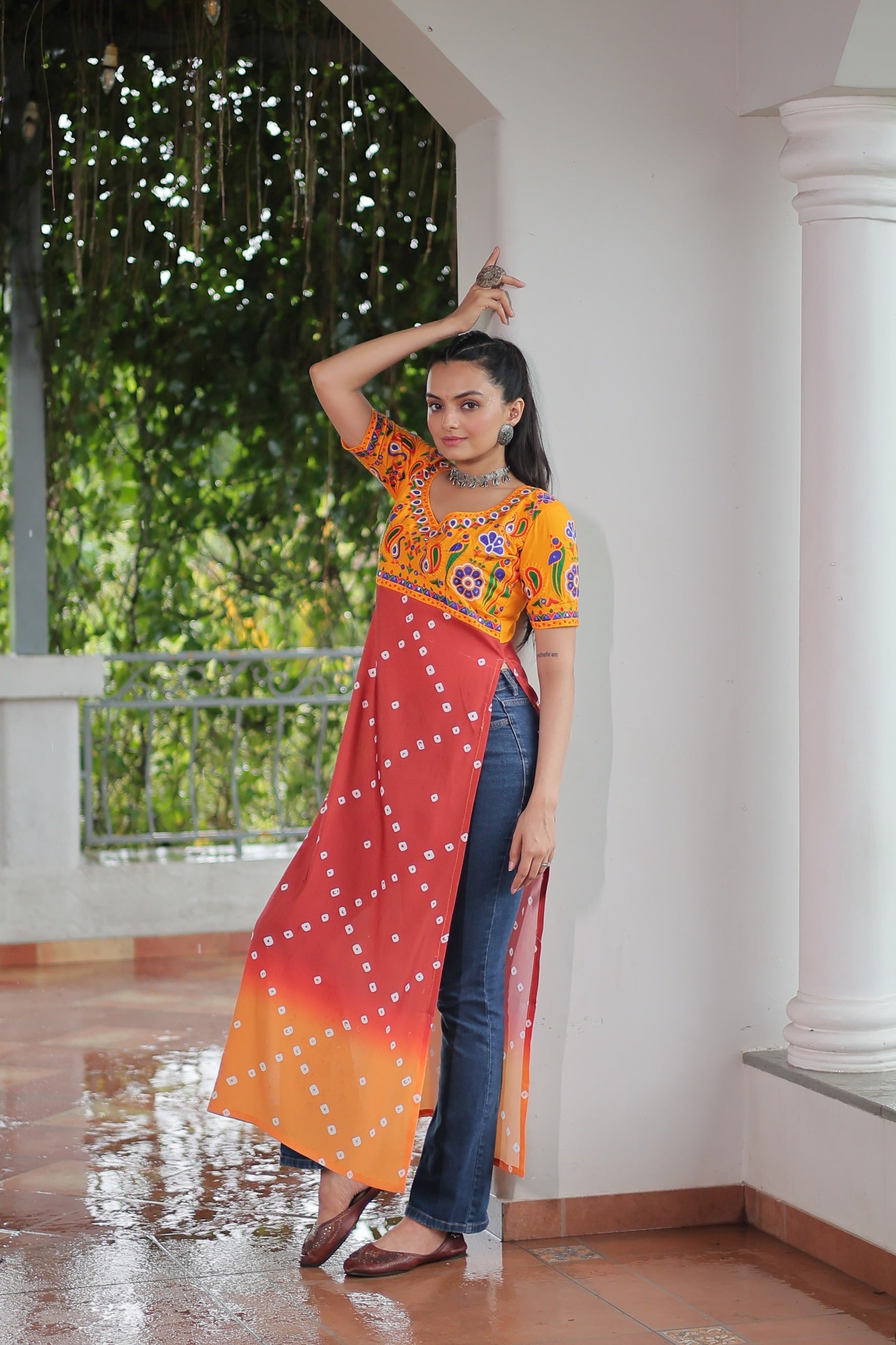 Womenline Yellow Printed Rayon Navratri Kurti