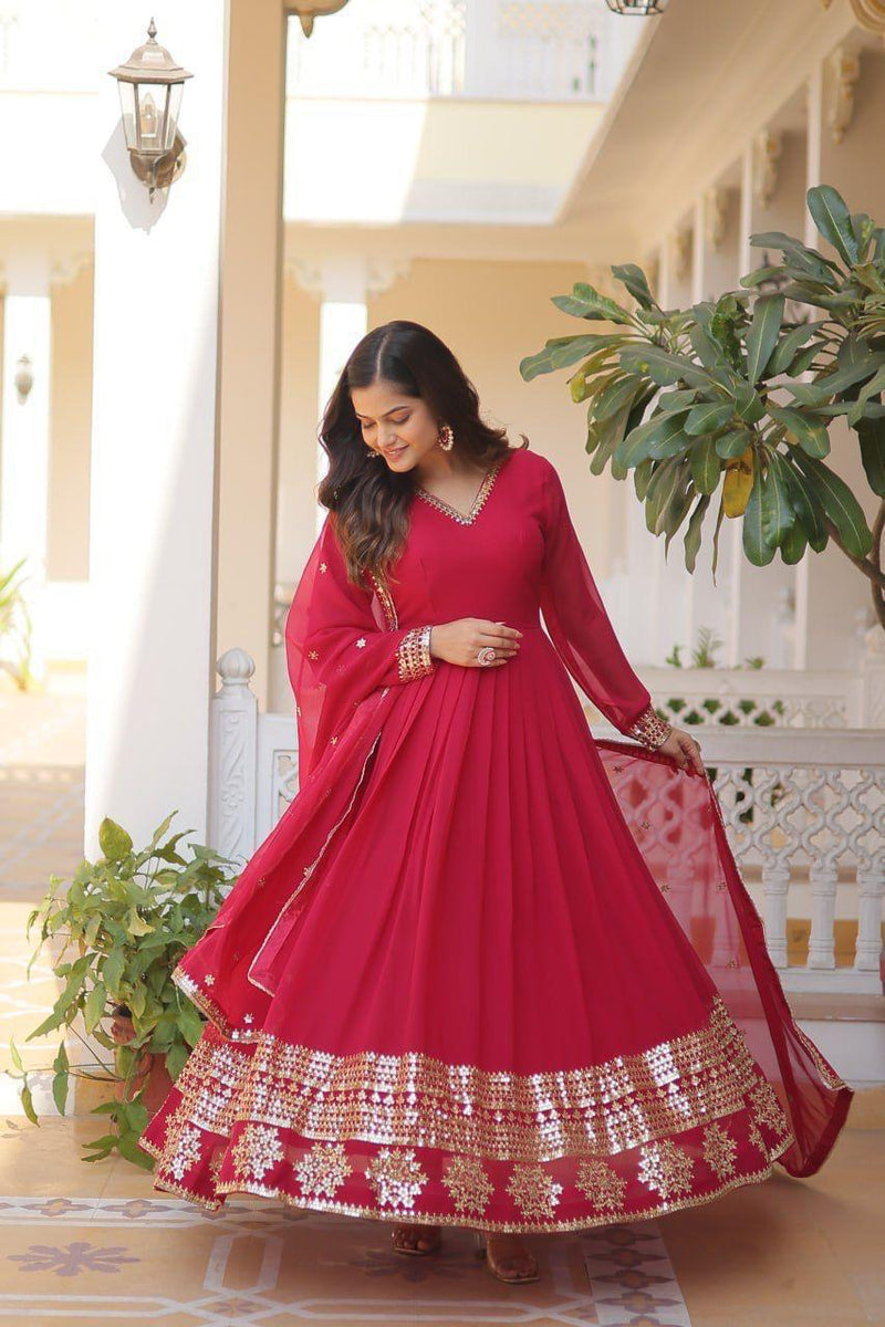 Womenline Red Color Faux Blooming Gown