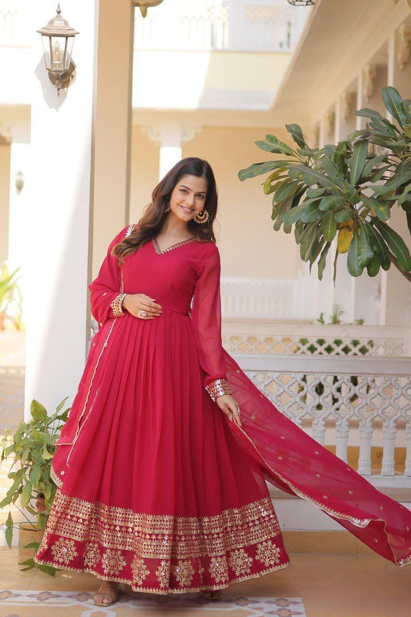 Womenline Red Color Faux Blooming Gown